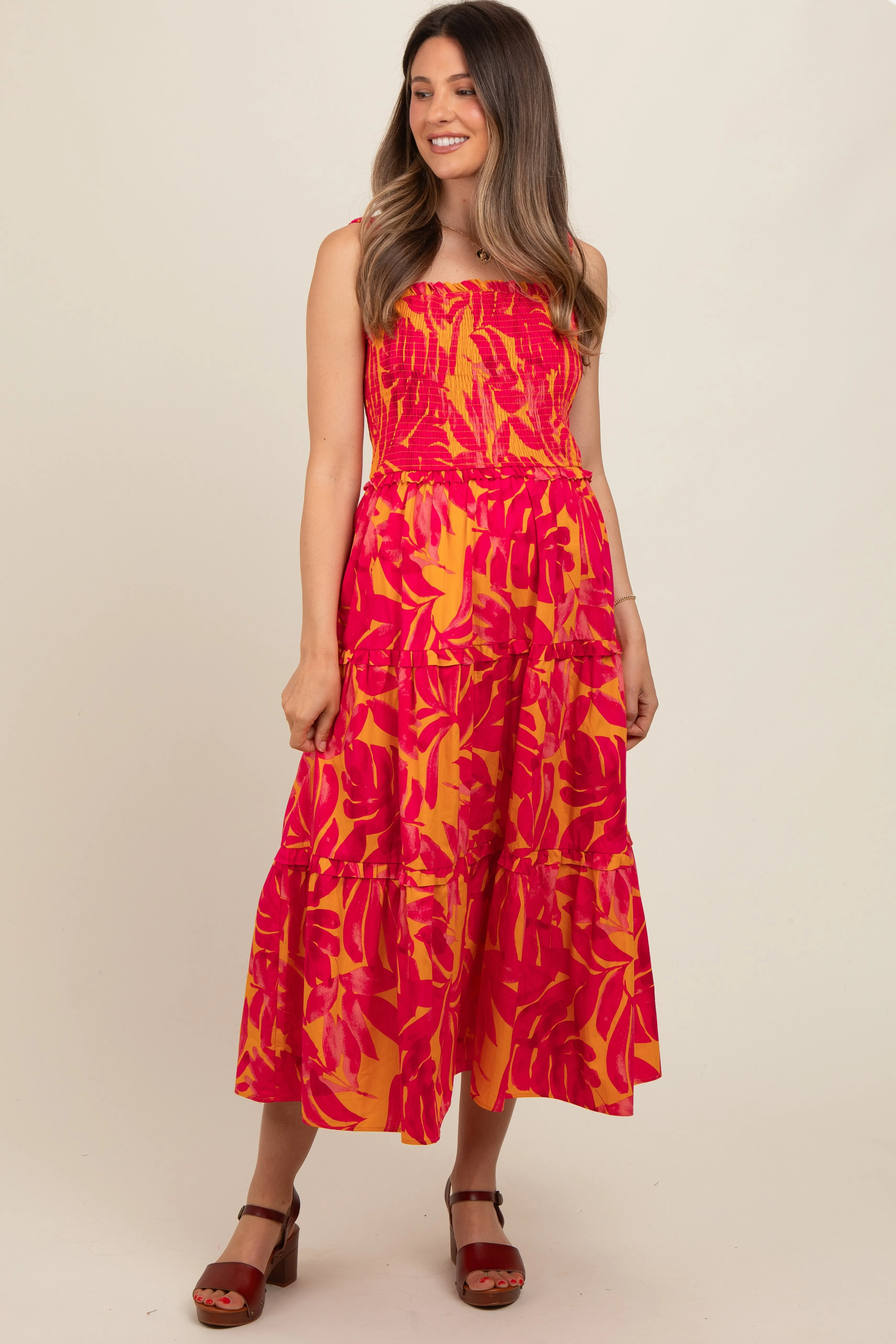 Coral Tropical Smocked Ruffle Tiered Maternity Midi Dress sold by Pinkblush