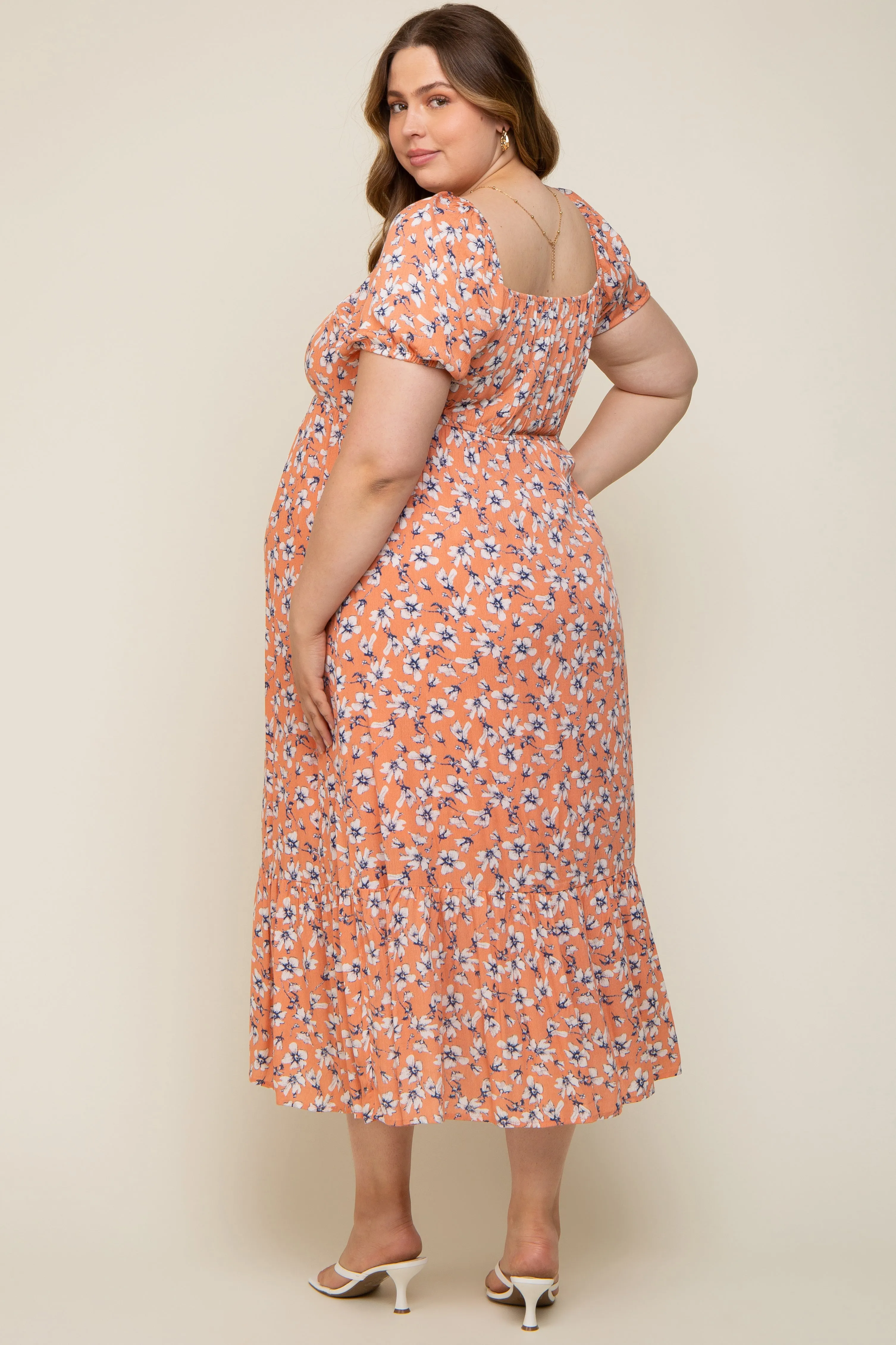 Peach Floral Sweetheart Drawstring Neck Short Sleeve Maternity Plus Midi Dress sold by Pinkblush product image thumbnail 3