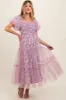 Mauve Floral Lined Smocked Tulle Maternity Midi Dress sold by Pinkblush
