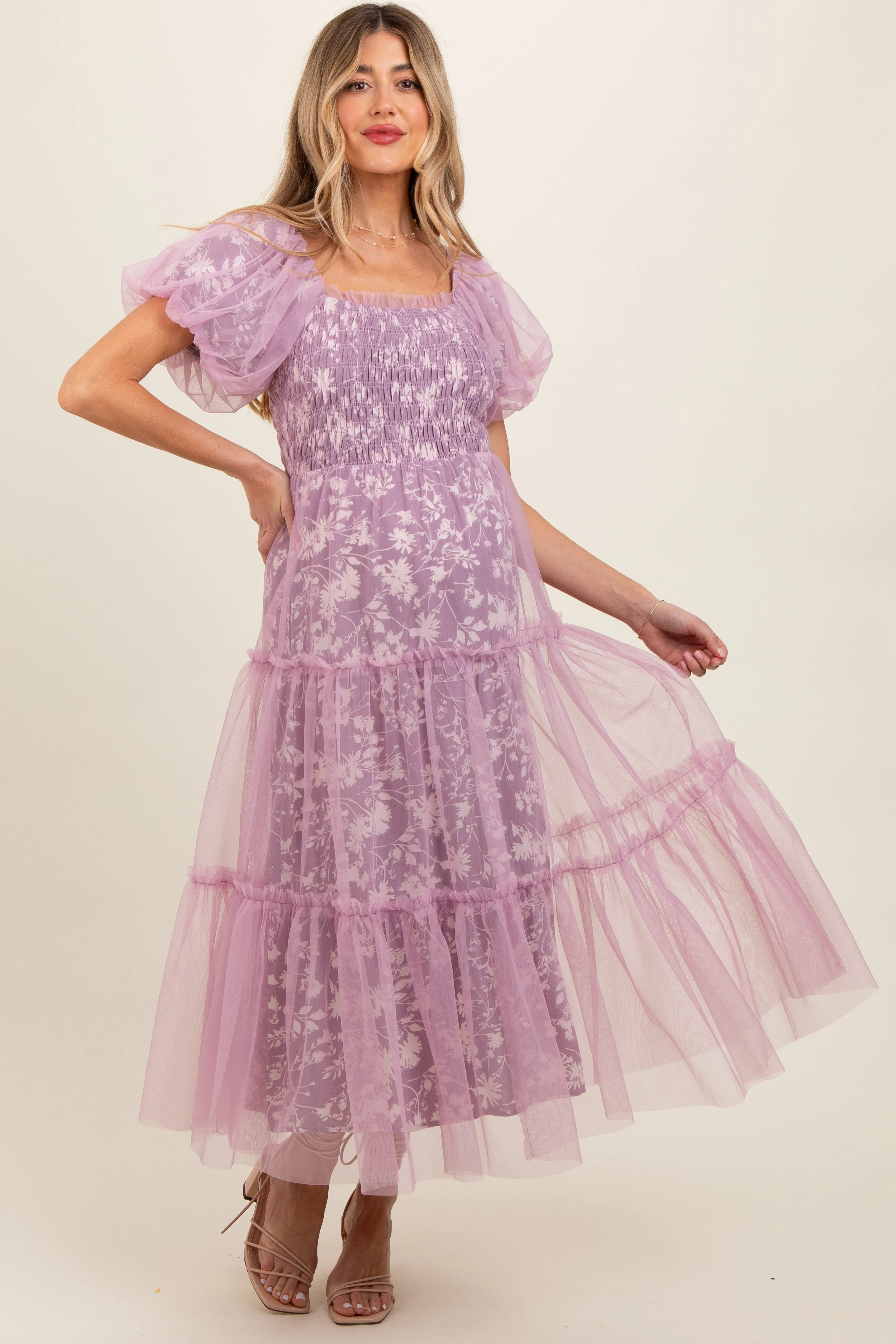 Mauve Floral Lined Smocked Tulle Maternity Midi Dress sold by Pinkblush product image thumbnail 3