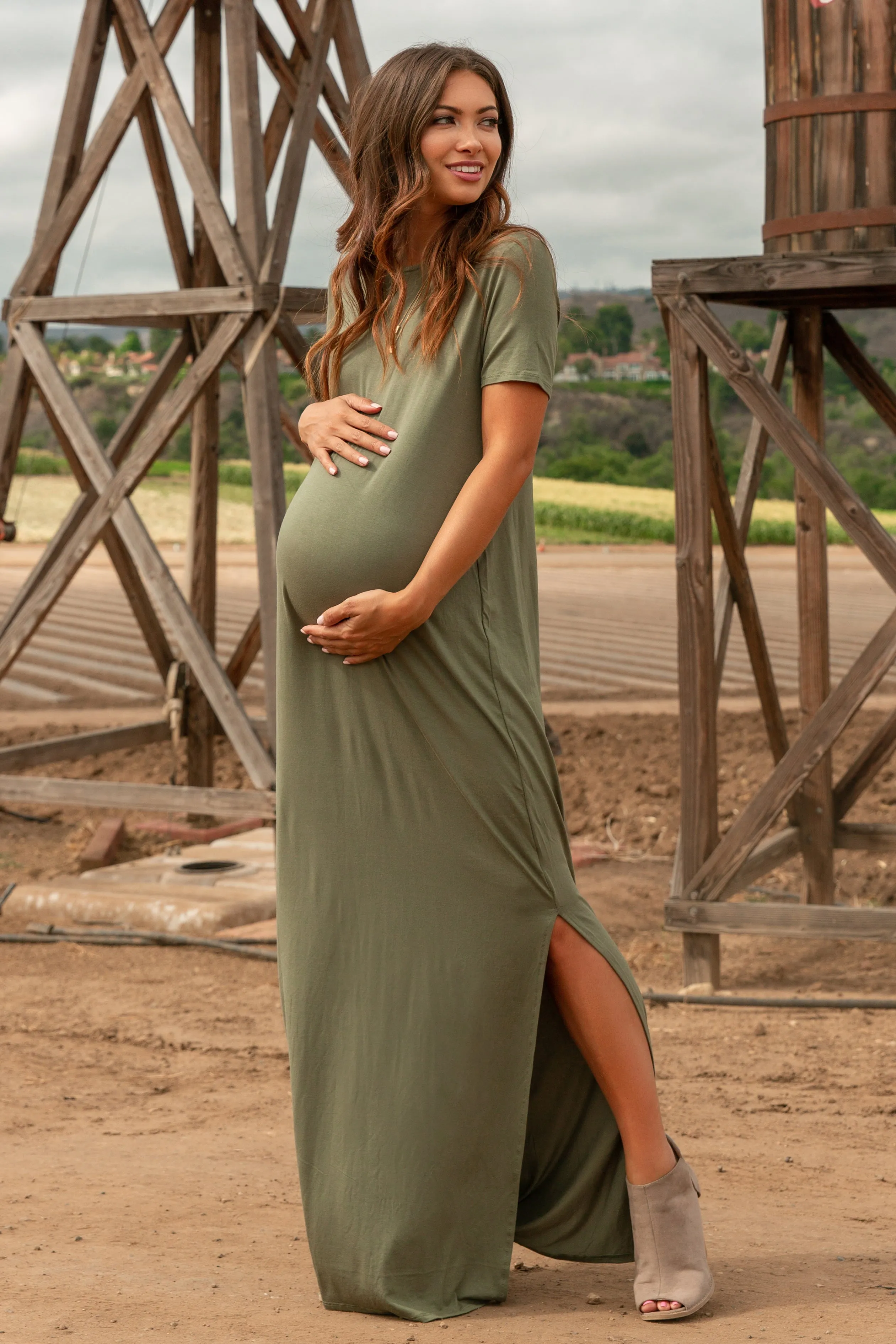 PinkBlush Olive Basic Side Slit Maternity Maxi Dress sold by Pinkblush product image thumbnail 2