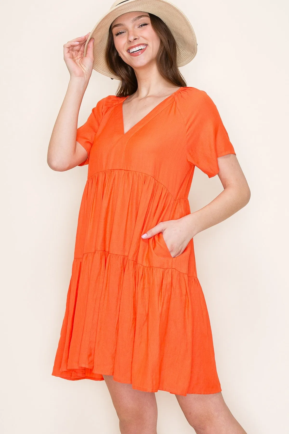 Orange V-Neck Tiered Short Sleeve Dress sold by Pinkblush product image thumbnail 3