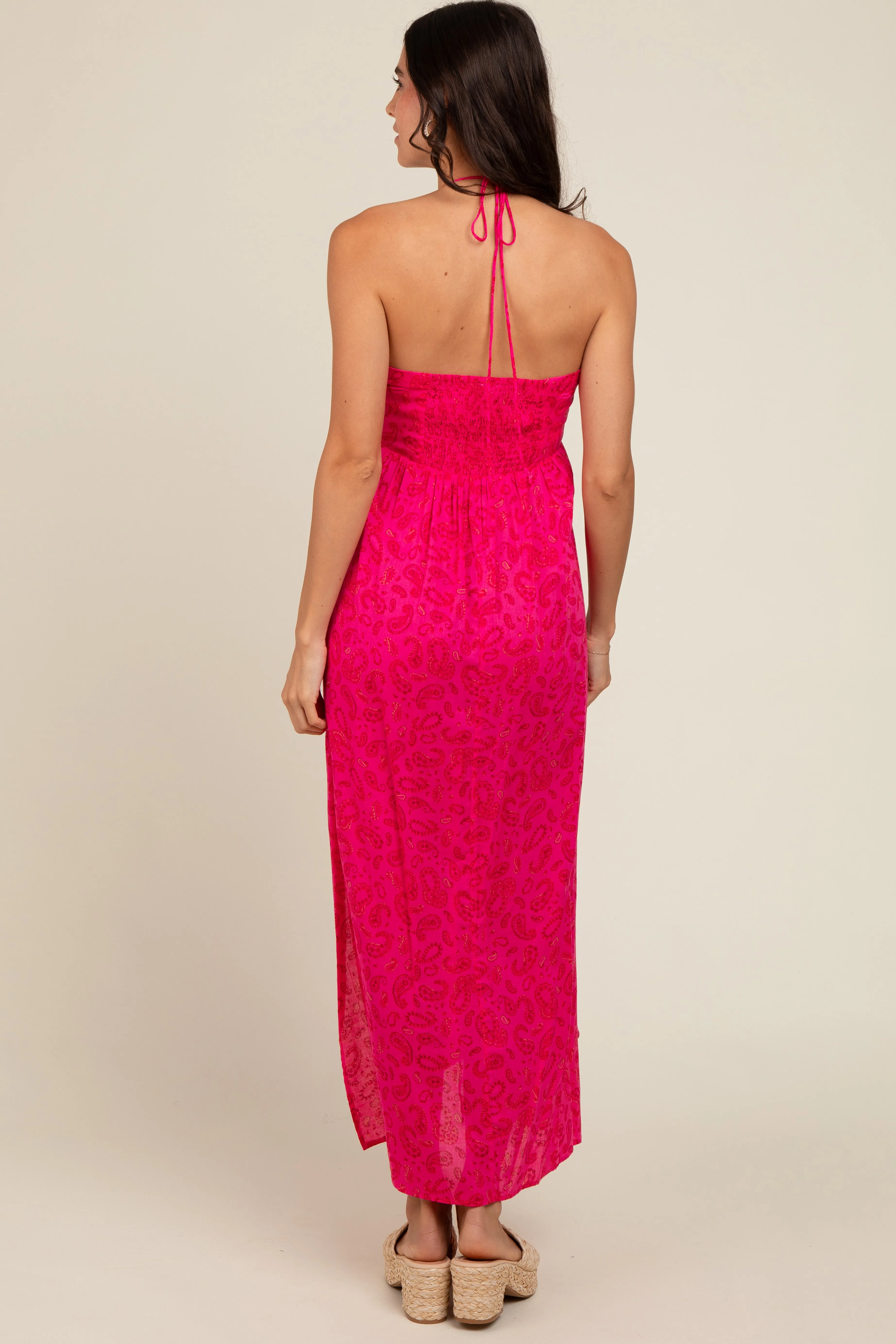 Fuchsia Paisley Print Halter Midi Dress sold by Pinkblush product image thumbnail 4