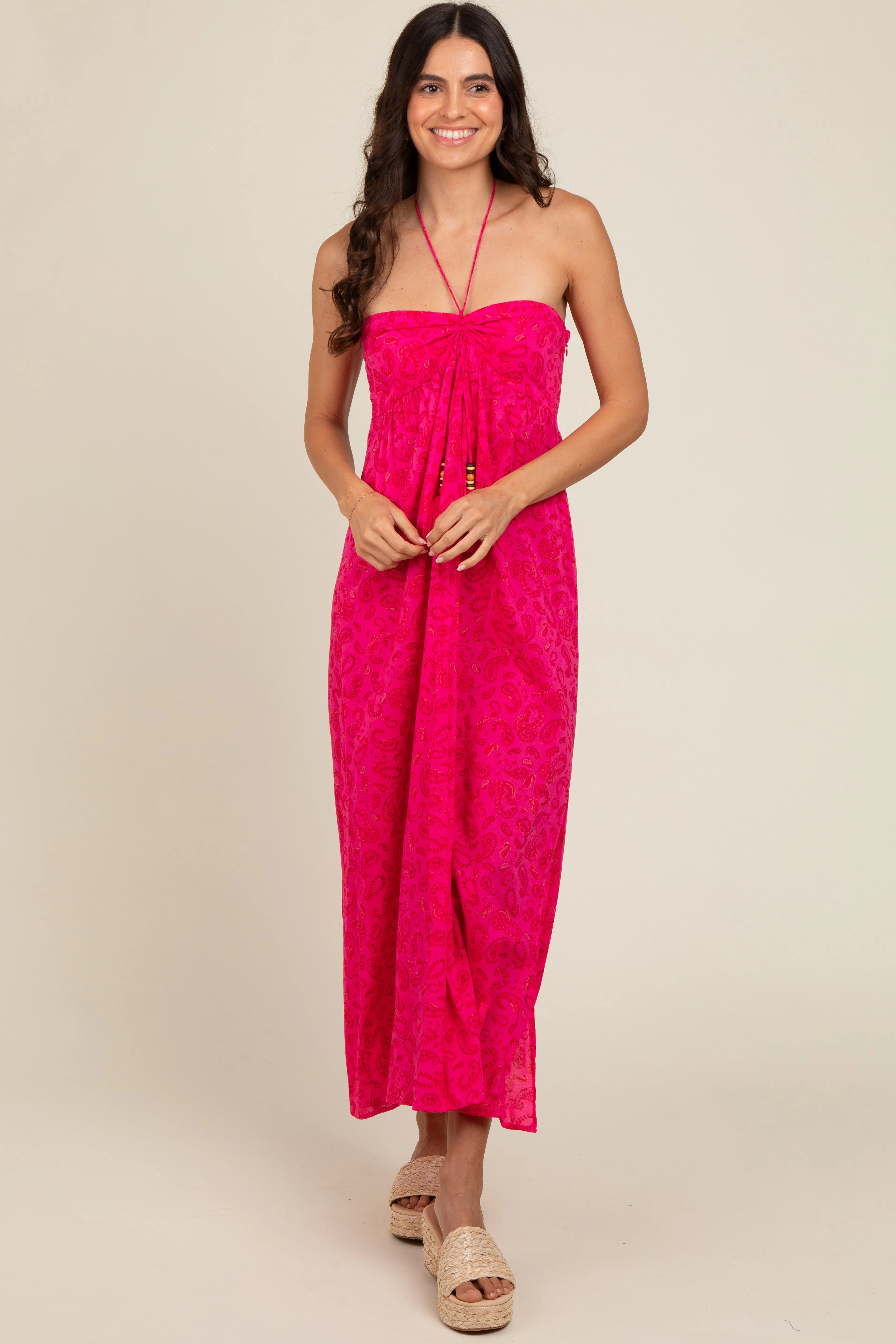Fuchsia Paisley Print Halter Midi Dress sold by Pinkblush product image thumbnail 2
