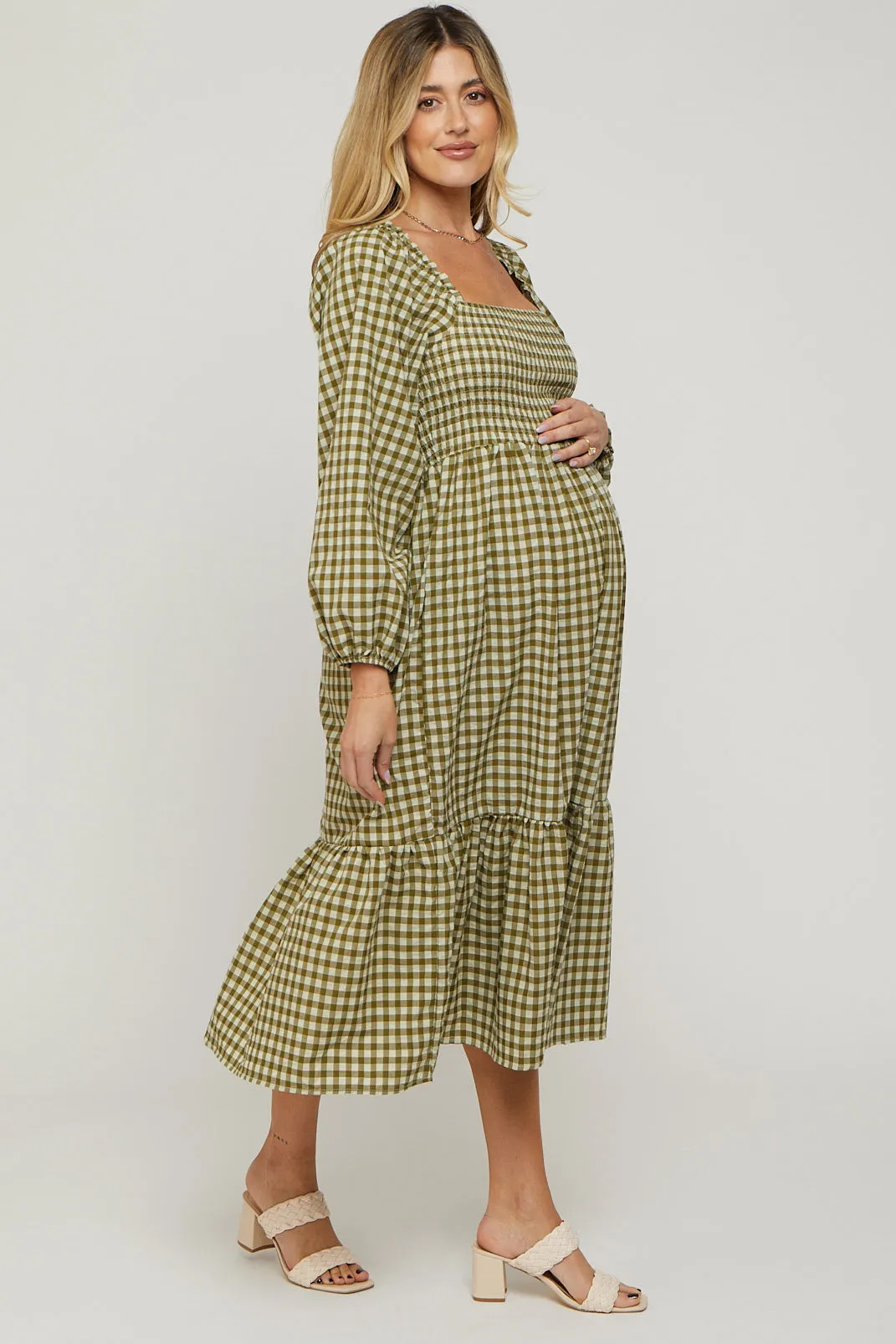 Olive Gingham Long Sleeve Maternity Midi Dress sold by Pinkblush product image thumbnail 2
