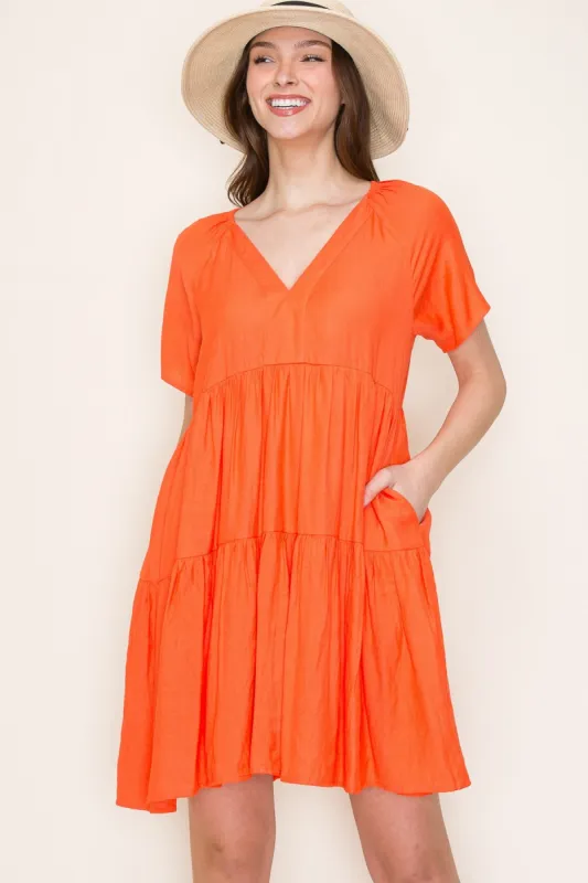 Orange V-Neck Tiered Short Sleeve Dress sold by Pinkblush