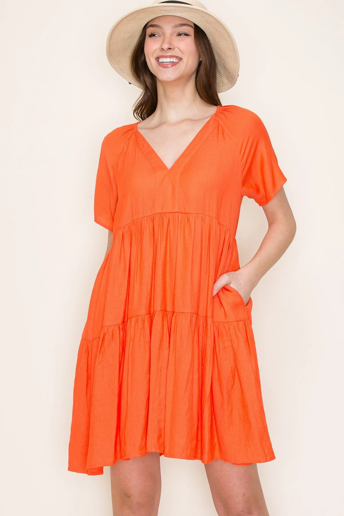 Orange V-Neck Tiered Short Sleeve Dress sold by Pinkblush