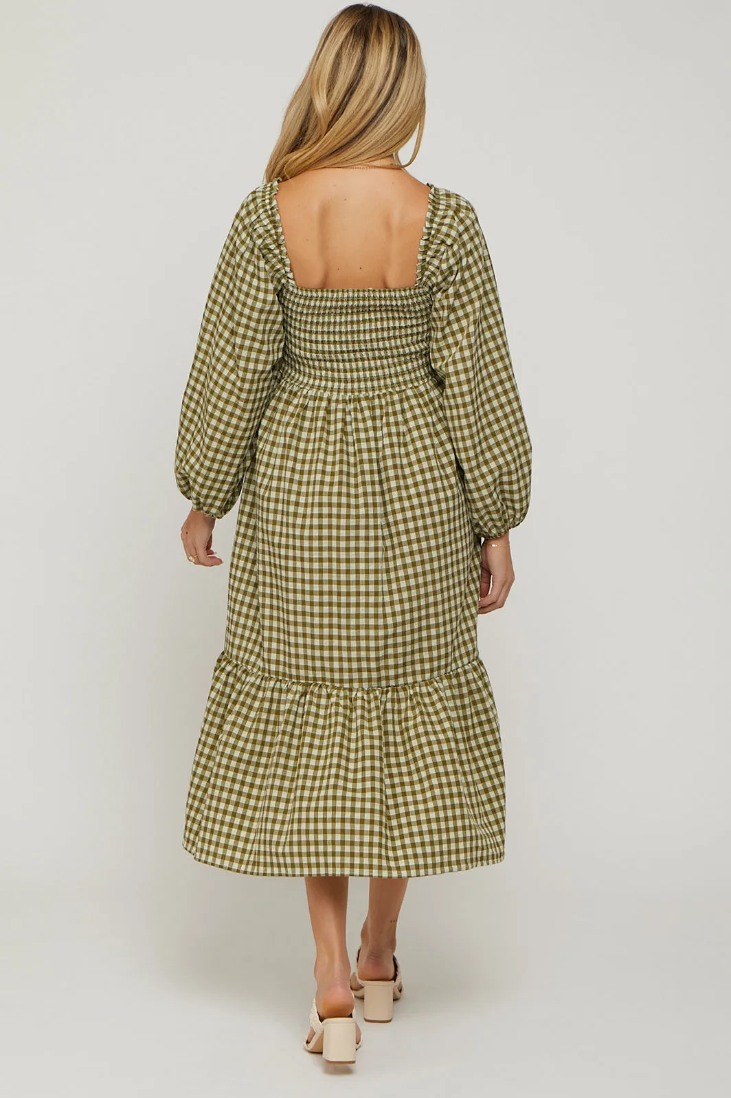 Olive Gingham Long Sleeve Maternity Midi Dress sold by Pinkblush product image thumbnail 3