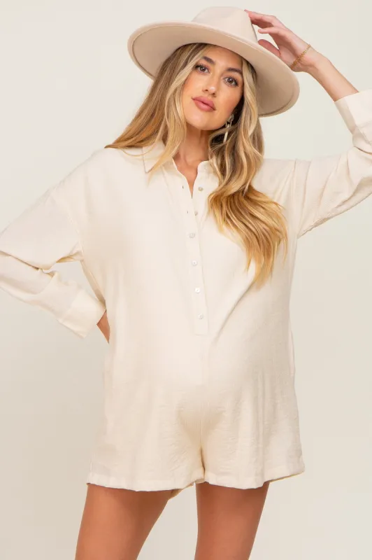 Ivory Collared Button Front Maternity Romper sold by Pinkblush