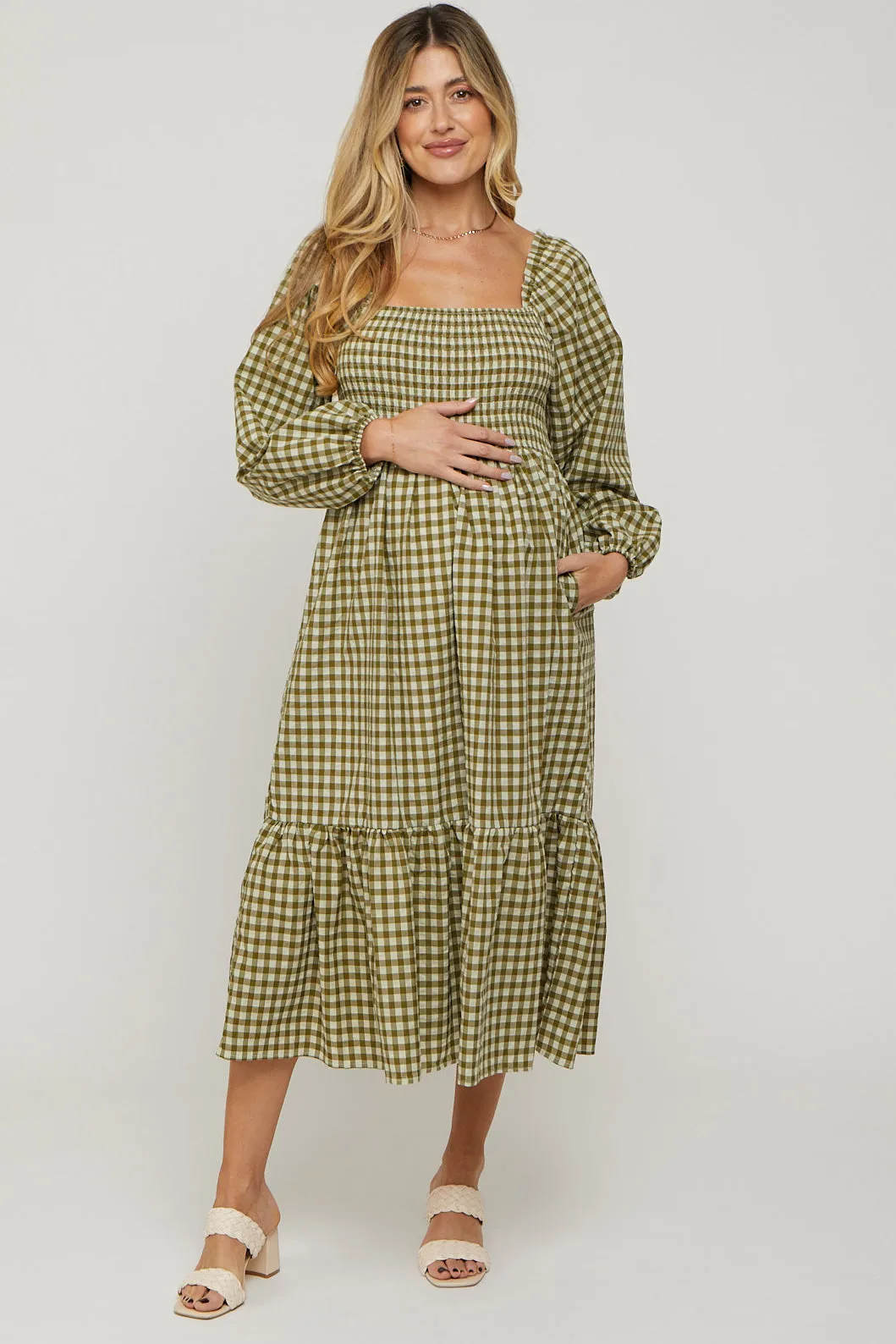 Olive Gingham Long Sleeve Maternity Midi Dress sold by Pinkblush product image thumbnail 4