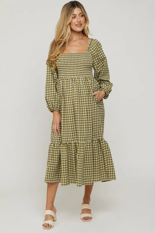 Olive Gingham Long Sleeve Maternity Midi Dress sold by Pinkblush