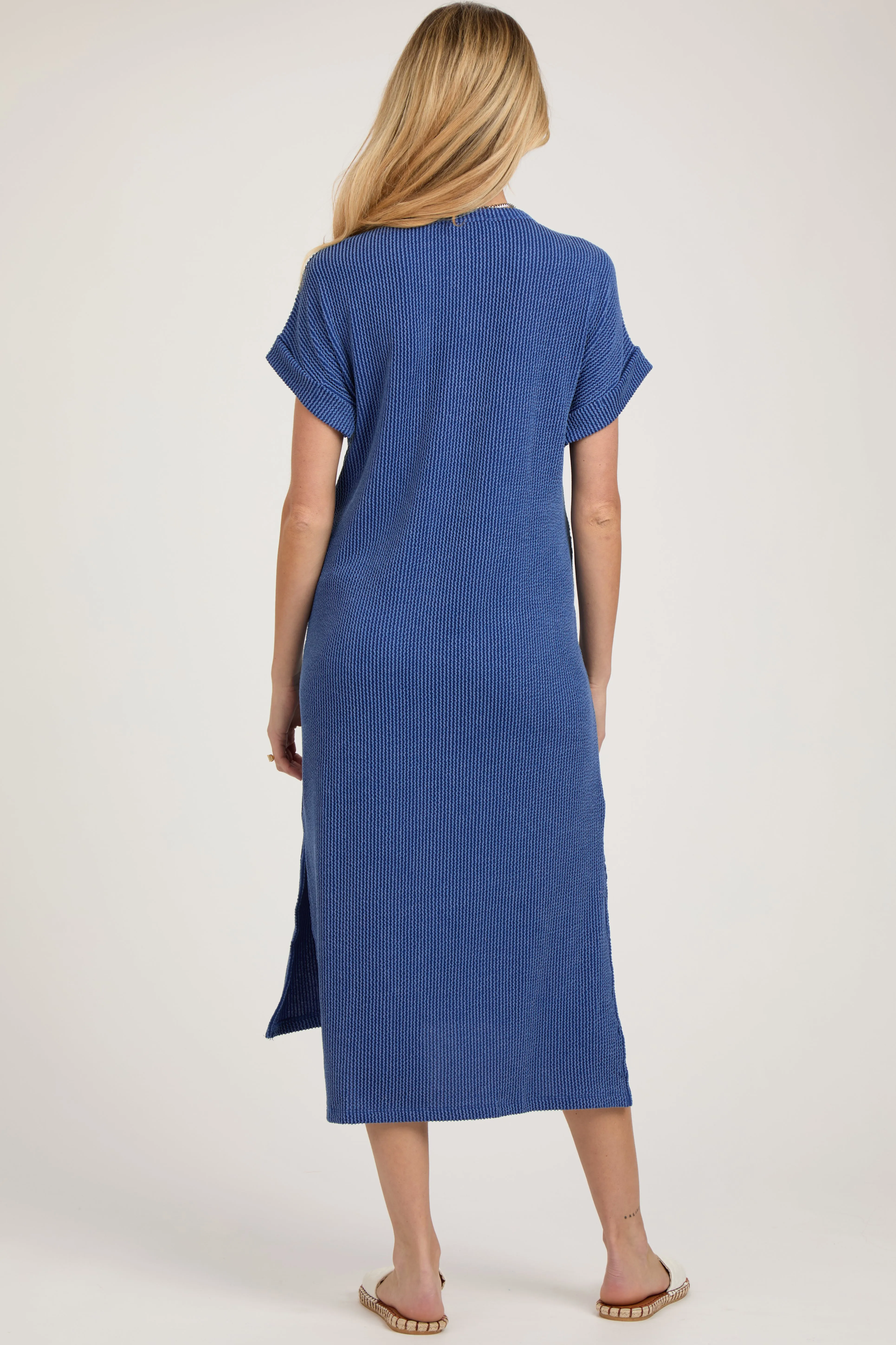 Blue Ribbed Short Sleeve Maternity Midi Dress sold by Pinkblush product image thumbnail 2
