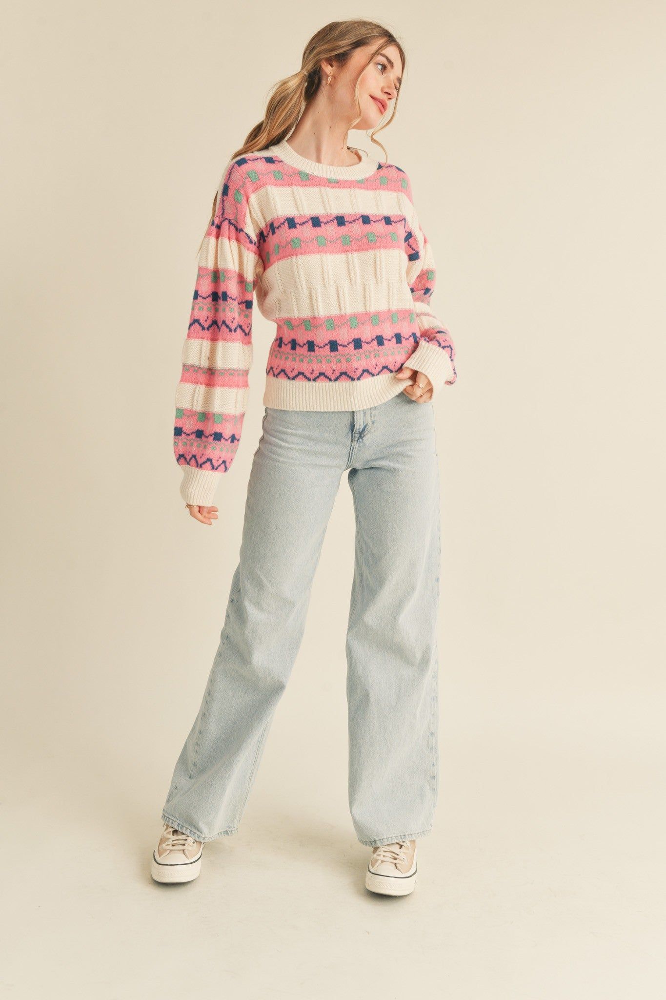 Ivory Pink Mixed Stripe Knit Long Sleeve Sweater sold by Pinkblush product image thumbnail 3