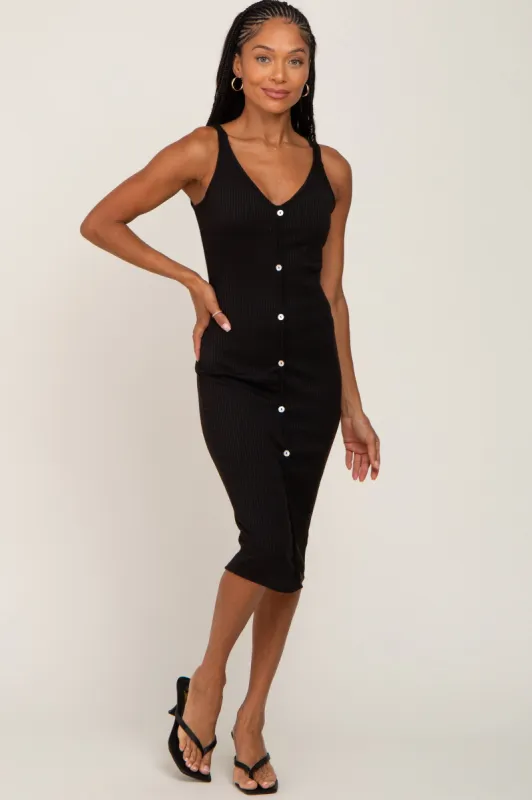 Black Ribbed Button Accent Midi Dress sold by Pinkblush