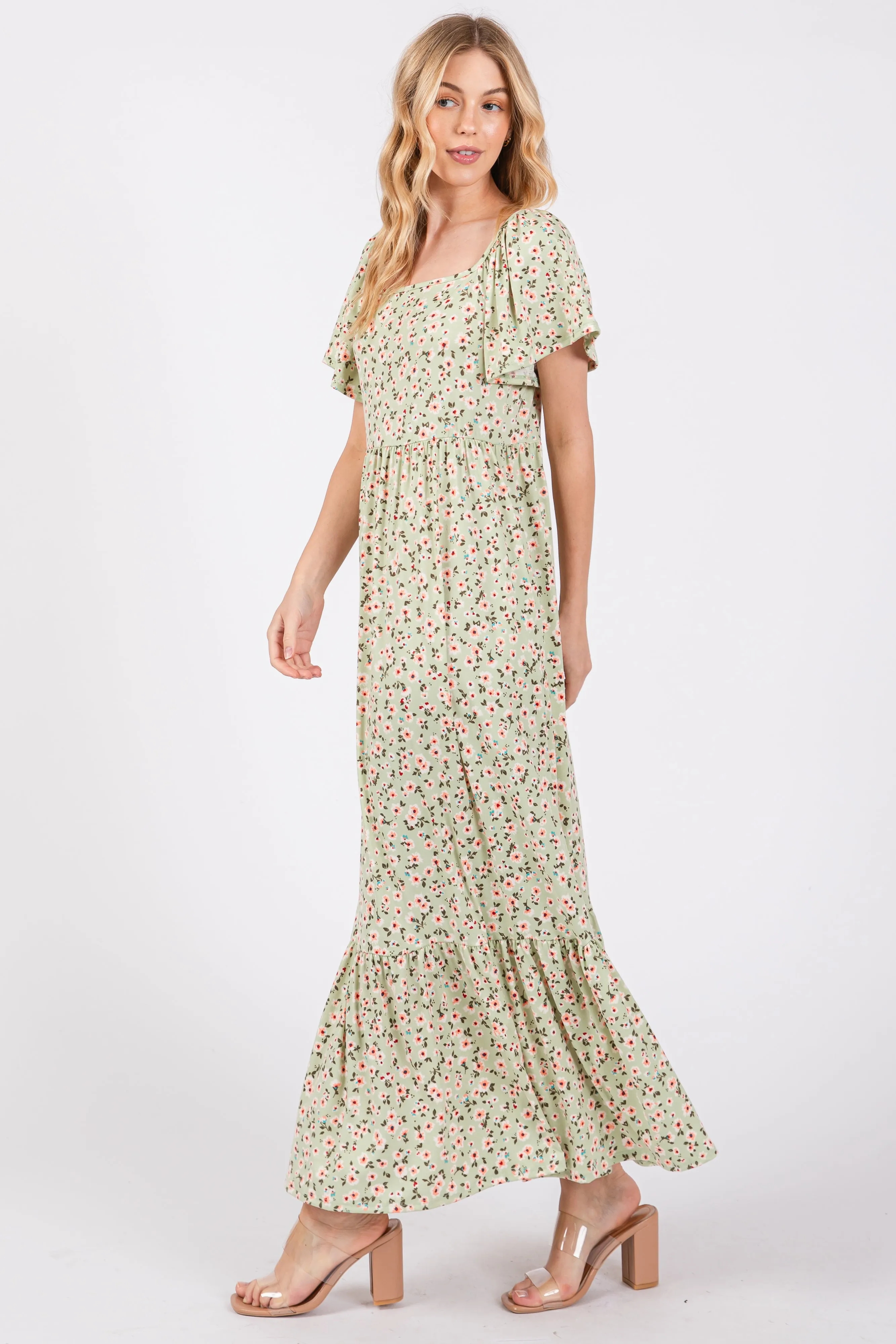 Light Green Floral Short Sleeve Maxi Dress sold by Pinkblush product image thumbnail 2