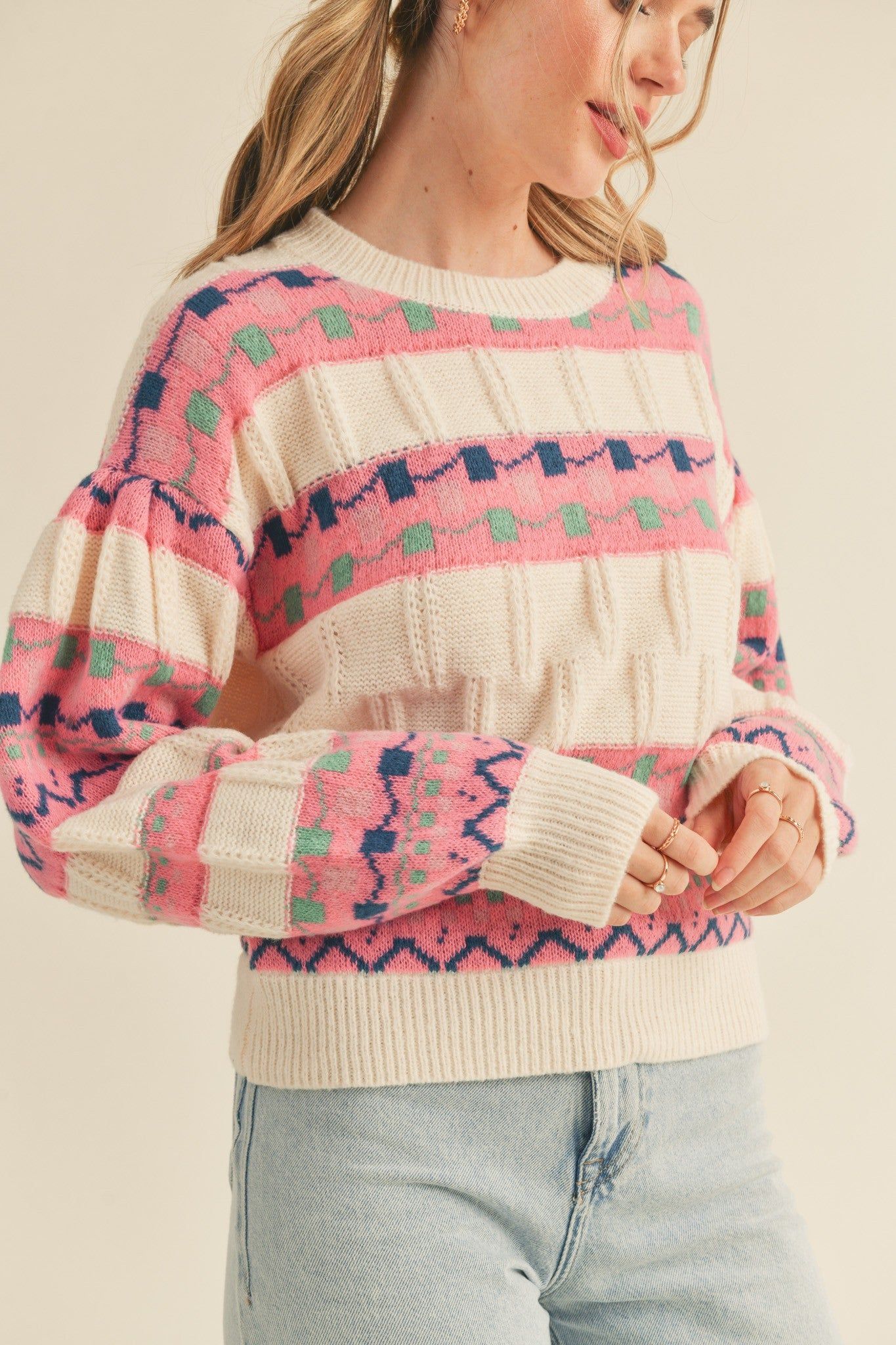 Ivory Pink Mixed Stripe Knit Long Sleeve Sweater sold by Pinkblush product image thumbnail 4
