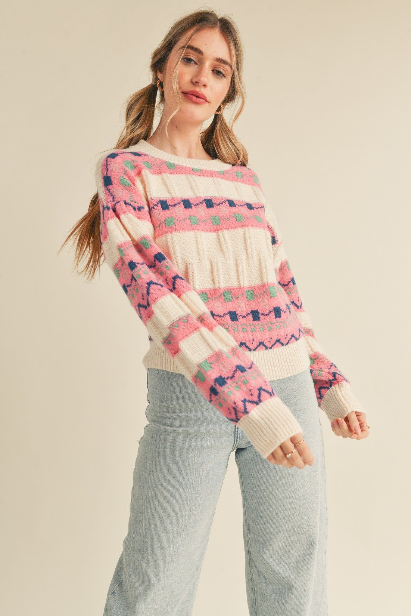 Ivory Pink Mixed Stripe Knit Long Sleeve Sweater sold by Pinkblush