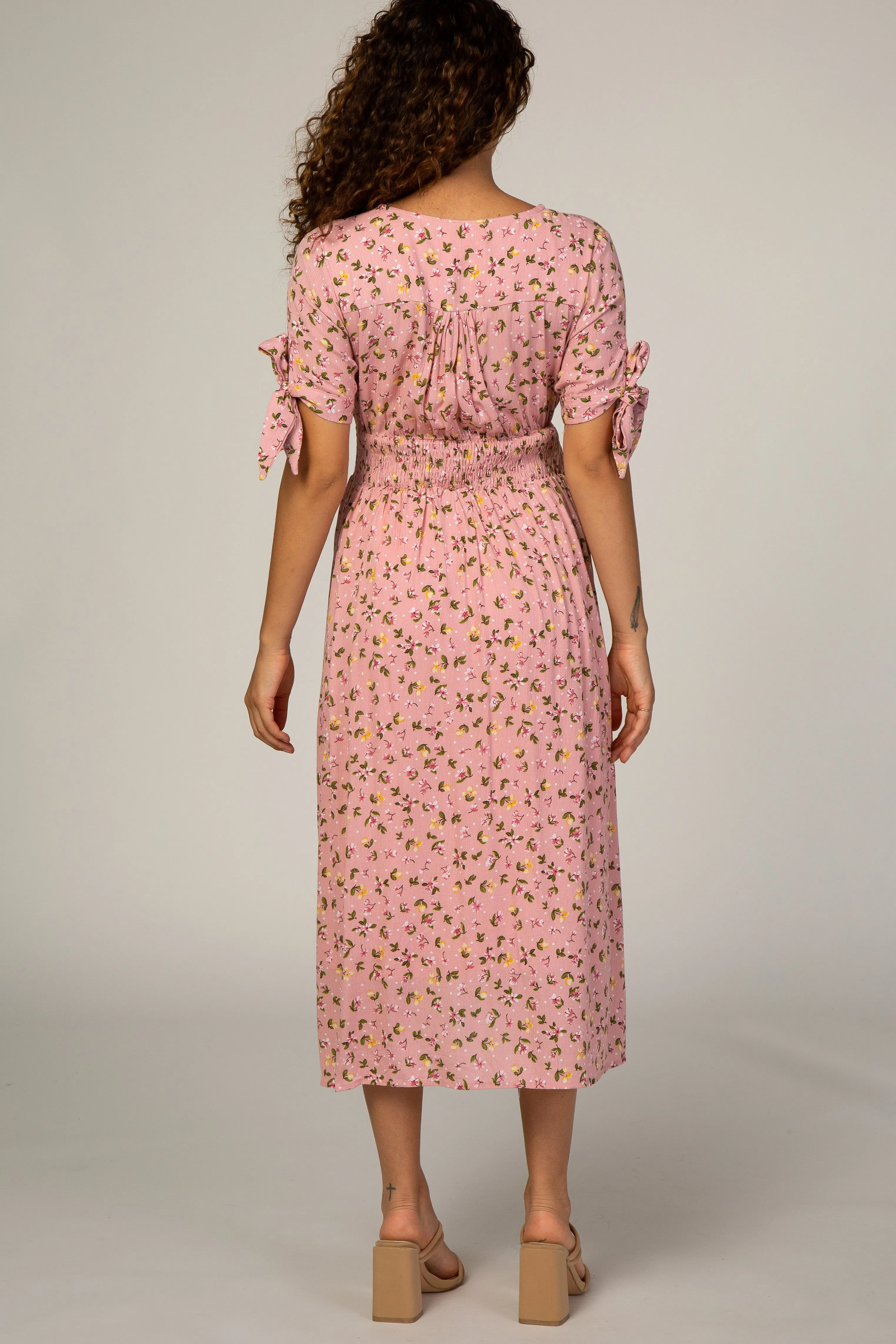 Pink Floral Tie Sleeve Maternity Midi Dress sold by Pinkblush product image thumbnail 4