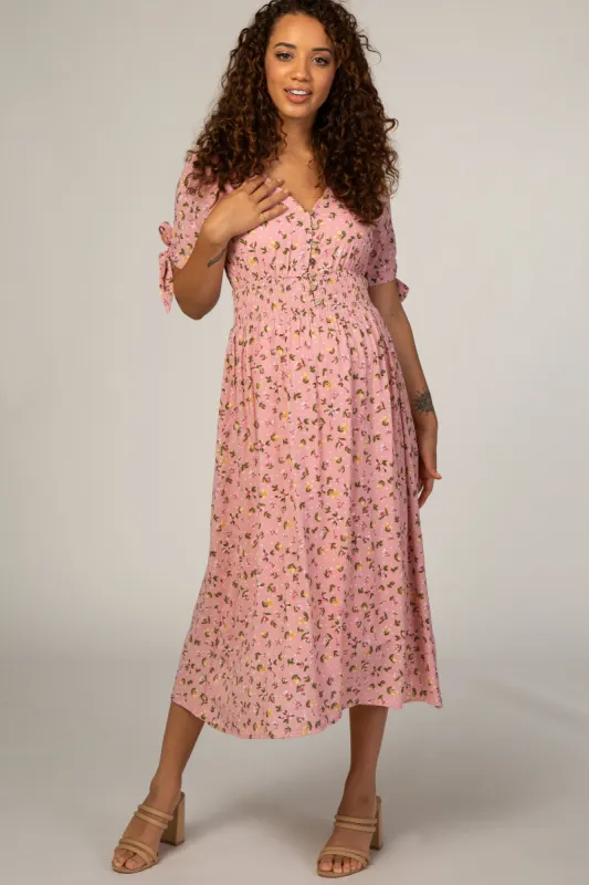 Pink Floral Tie Sleeve Maternity Midi Dress made by Reborn J