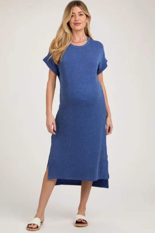 Blue Ribbed Short Sleeve Maternity Midi Dress sold by Pinkblush