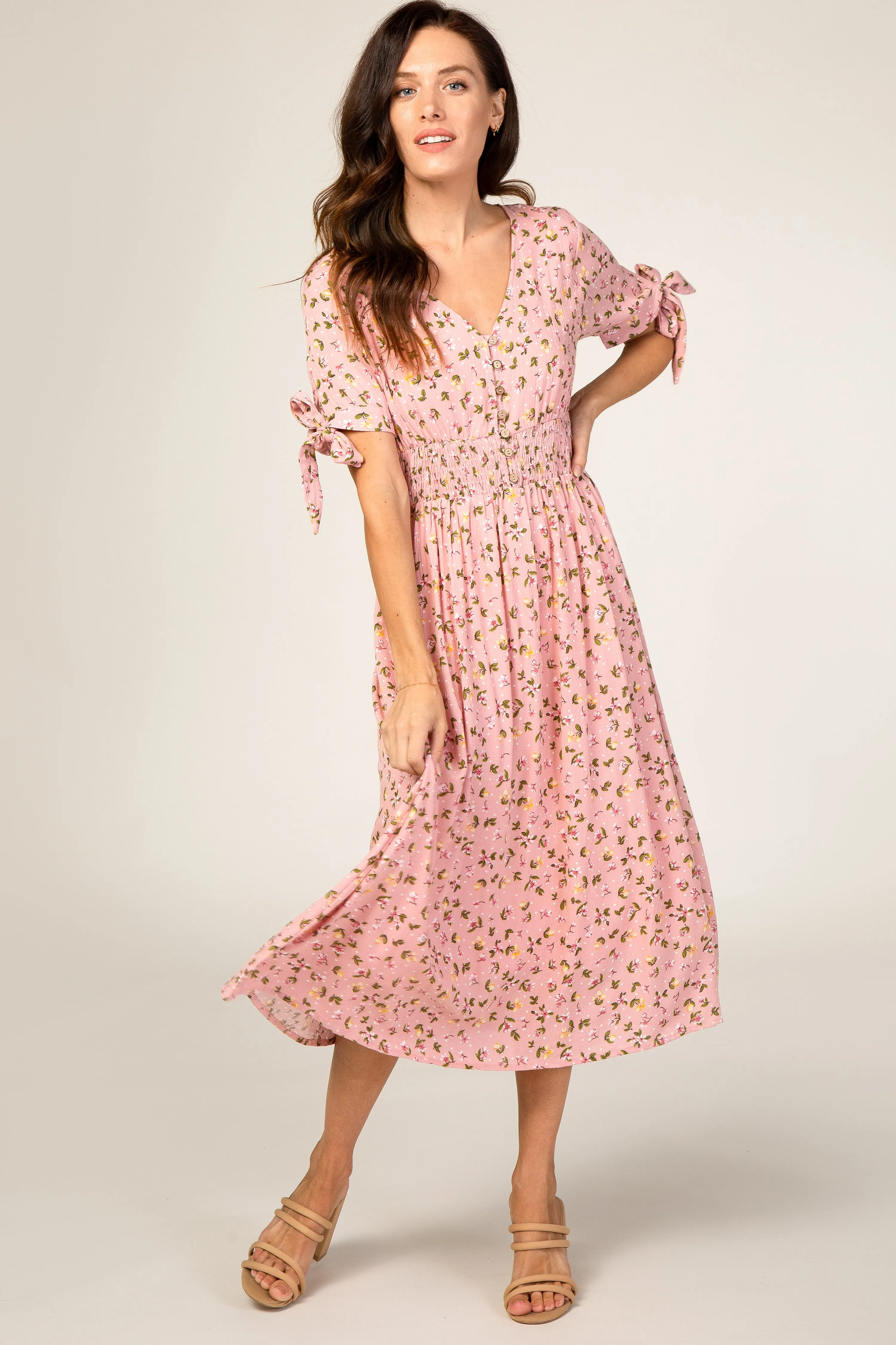 Pink Floral Tie Sleeve Maternity Midi Dress sold by Pinkblush product image thumbnail 5