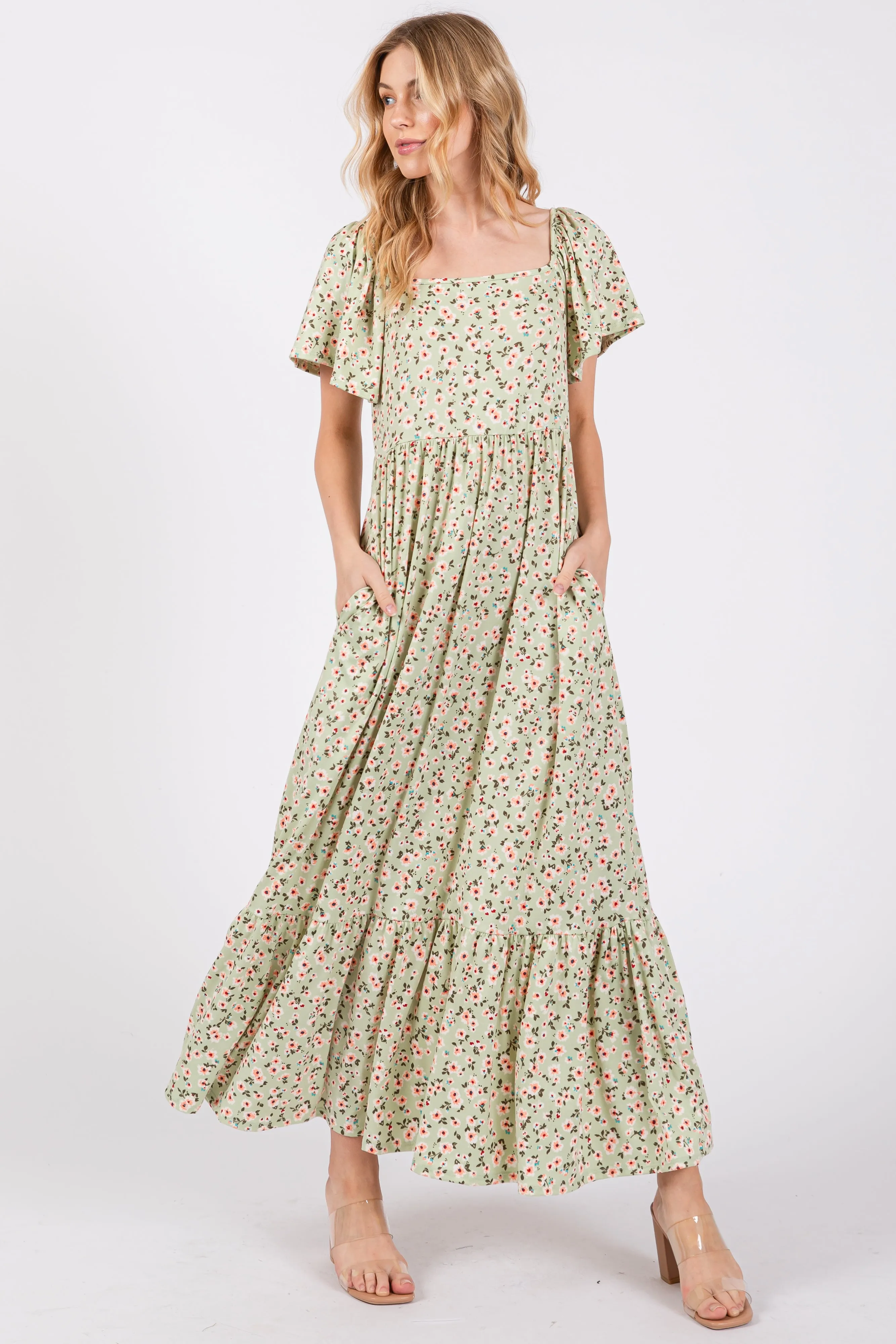 Light Green Floral Short Sleeve Maxi Dress sold by Pinkblush