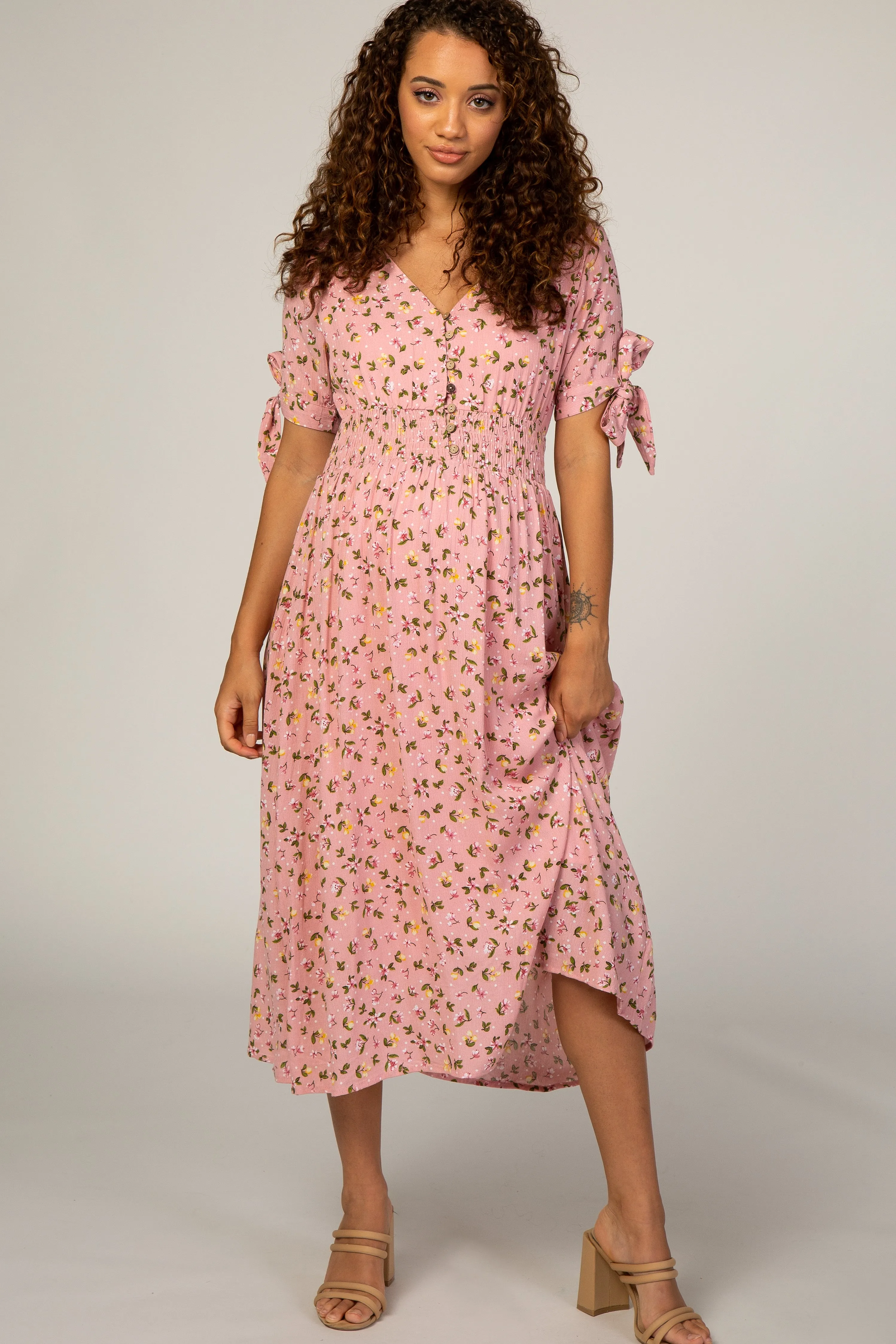 Pink Floral Tie Sleeve Maternity Midi Dress sold by Pinkblush product image thumbnail 2