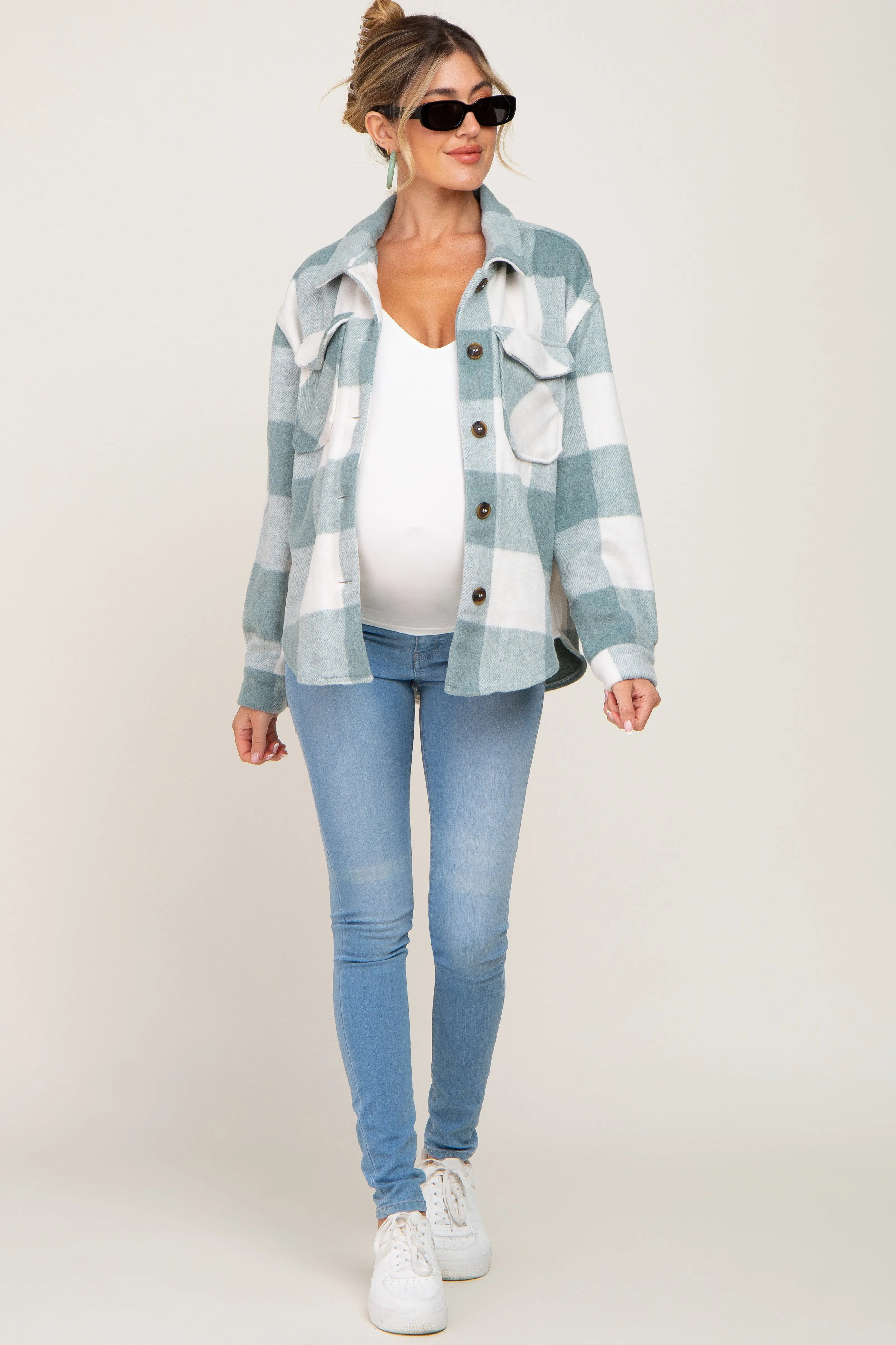 Green Plaid Knit Maternity Shirt Jacket sold by Pinkblush product image thumbnail 4