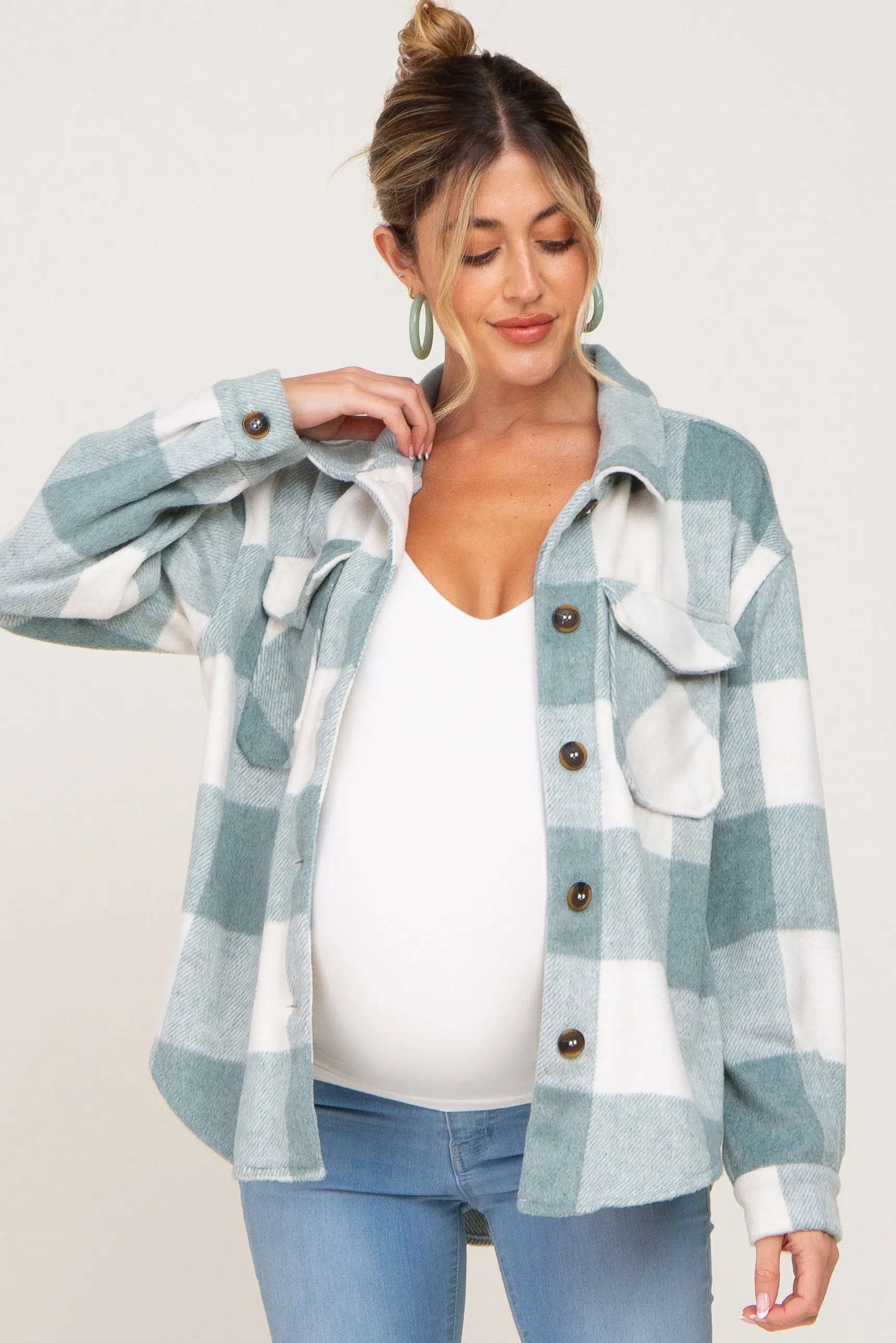 Green Plaid Knit Maternity Shirt Jacket sold by Pinkblush