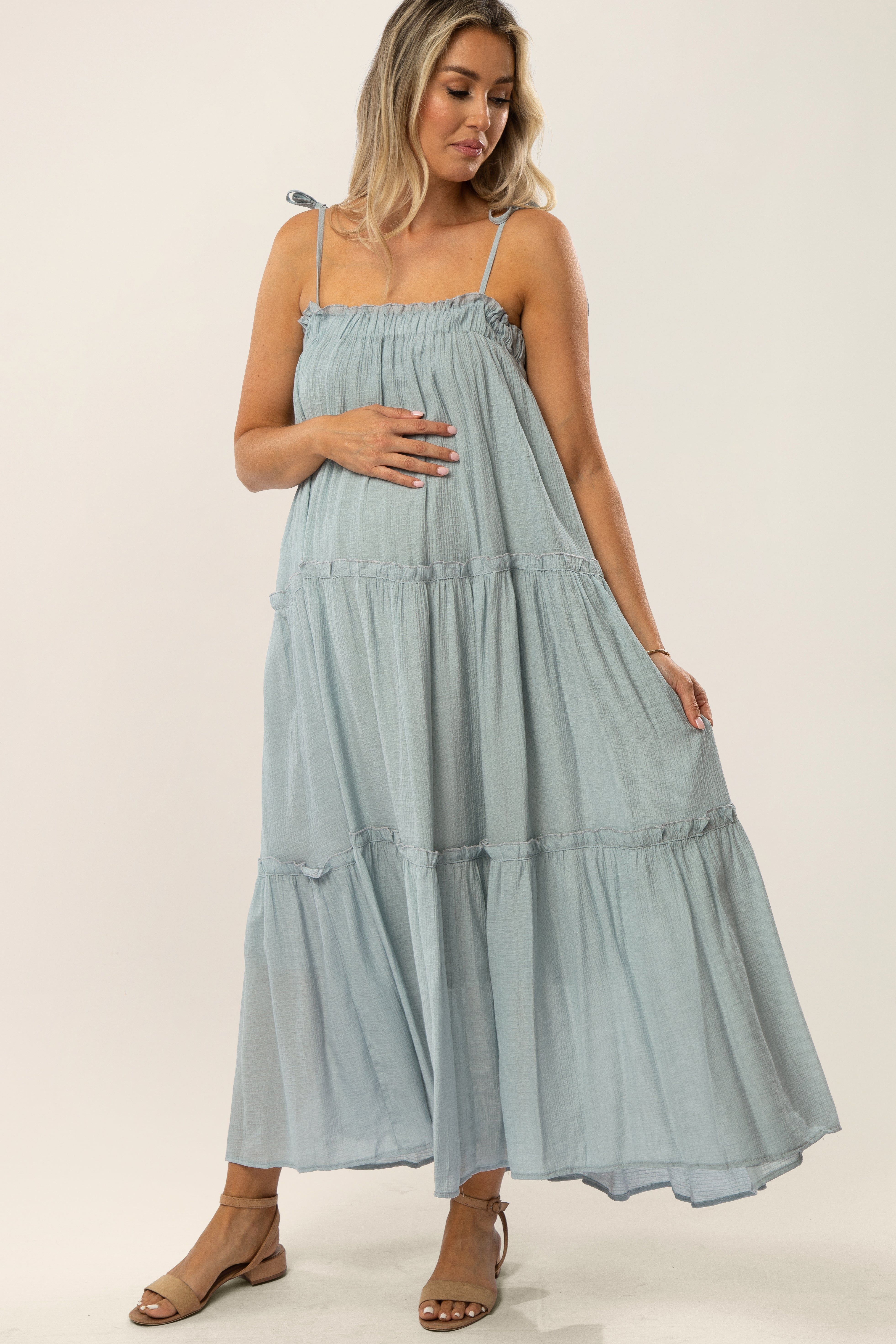 Light Blue Tie Strap Ruffle Maternity Maxi Dress sold by Pinkblush