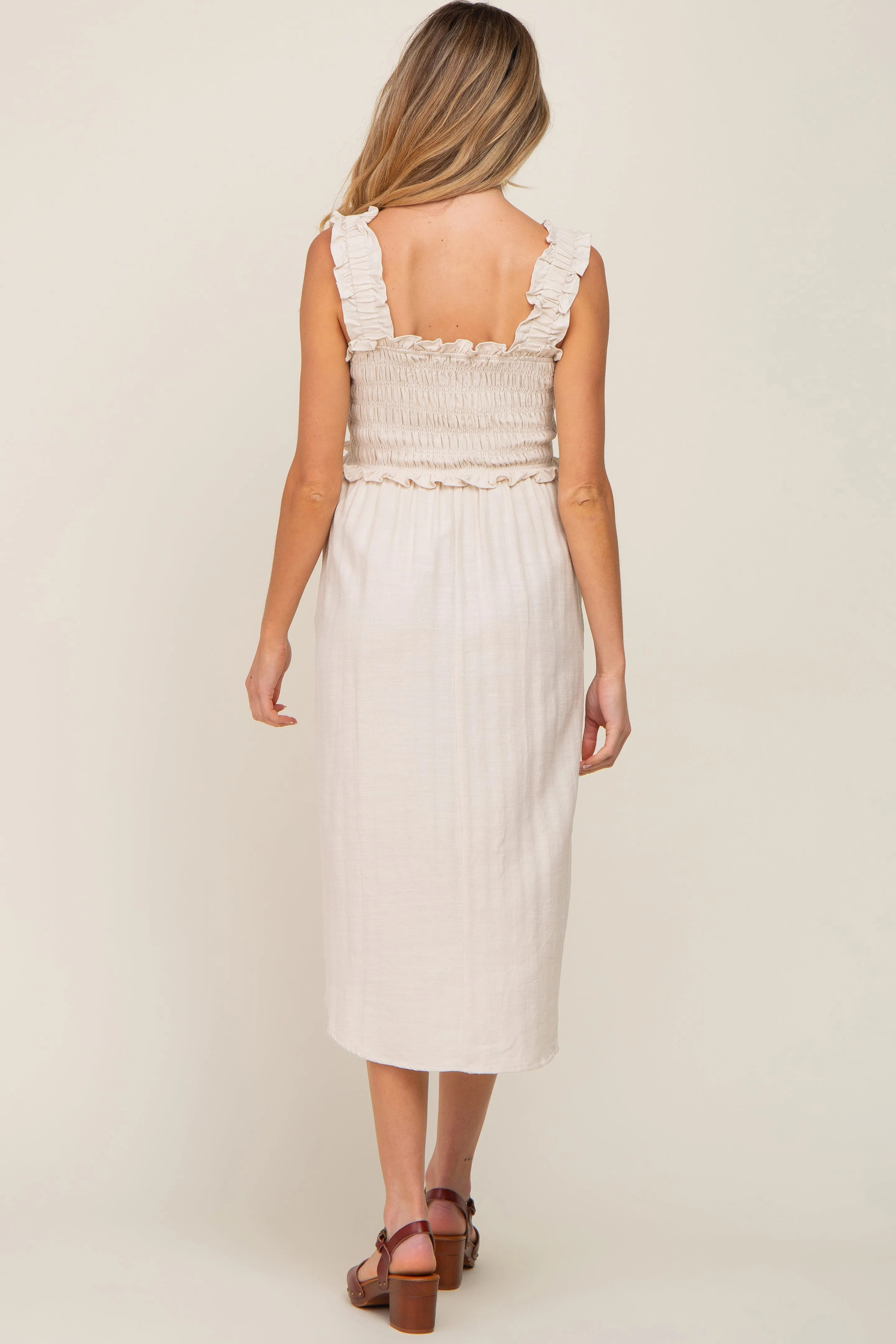 Beige Square Neck Smocked Sleeveless Maternity Midi Dress sold by Pinkblush product image thumbnail 3