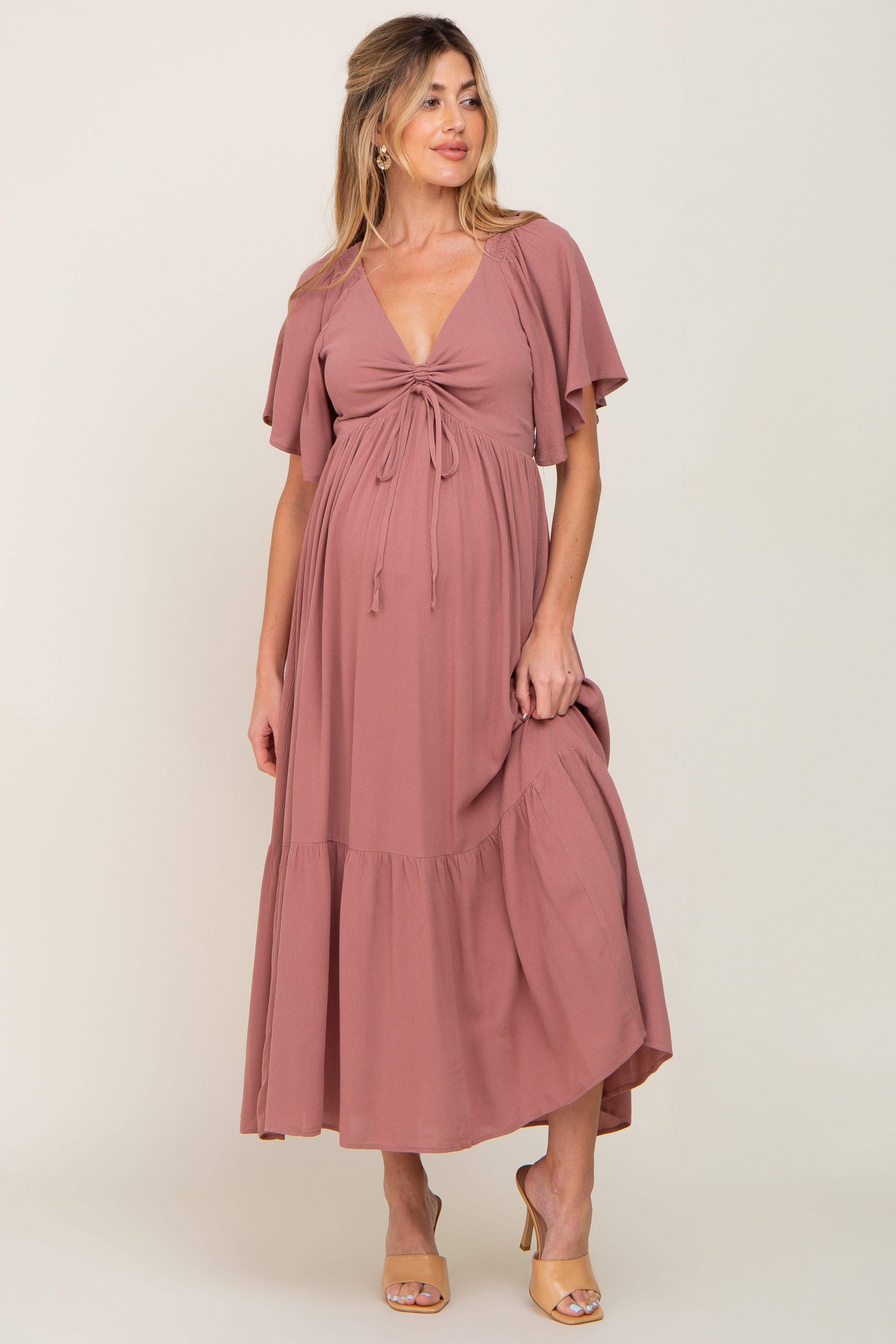 Mauve Flutter Sleeve Cinched Maternity Maxi Dress sold by Pinkblush product image thumbnail 4