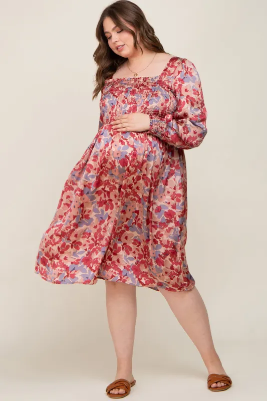 Burgundy Floral Smocked Maternity Plus Satin Dress sold by Pinkblush