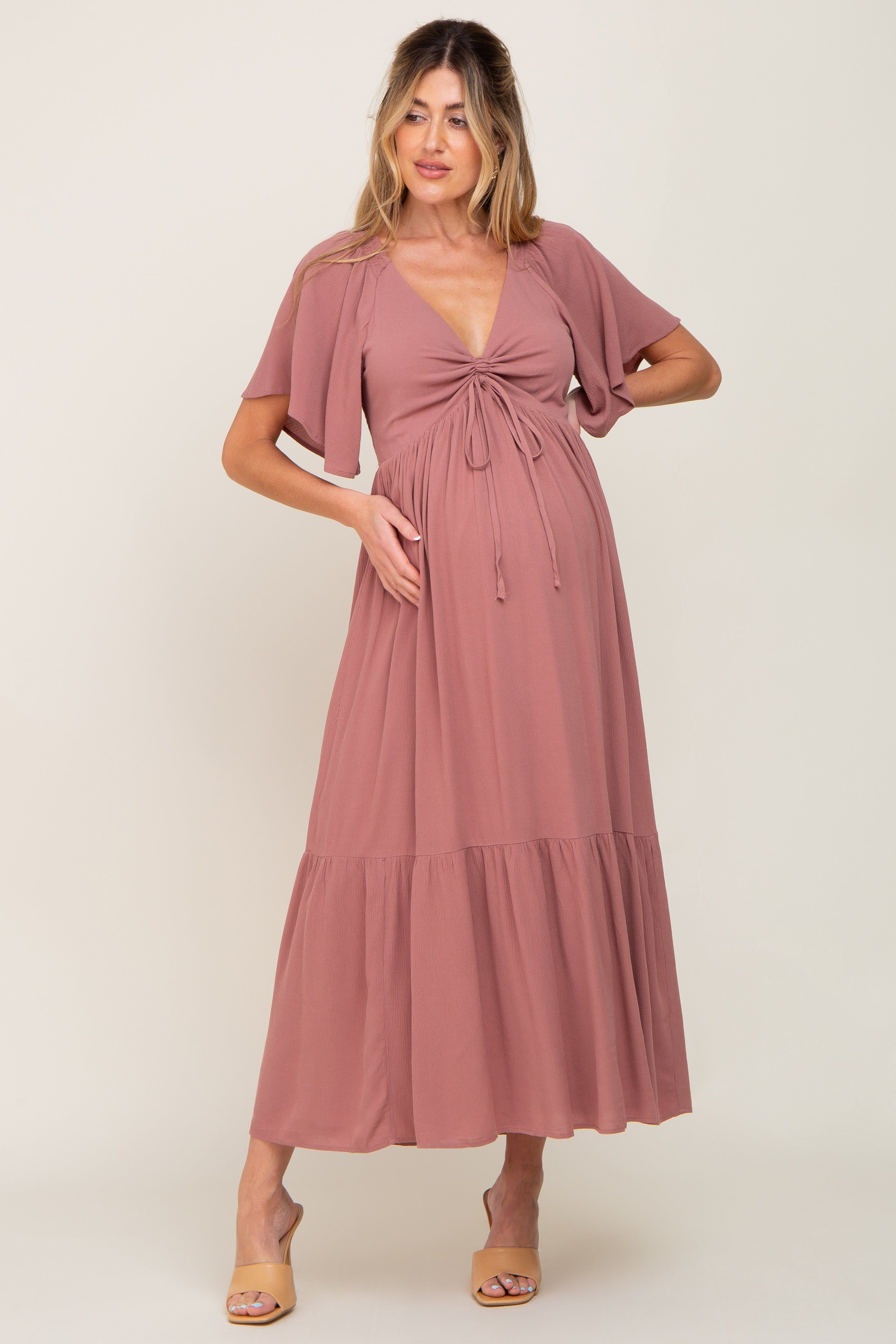 Mauve Flutter Sleeve Cinched Maternity Maxi Dress sold by Pinkblush