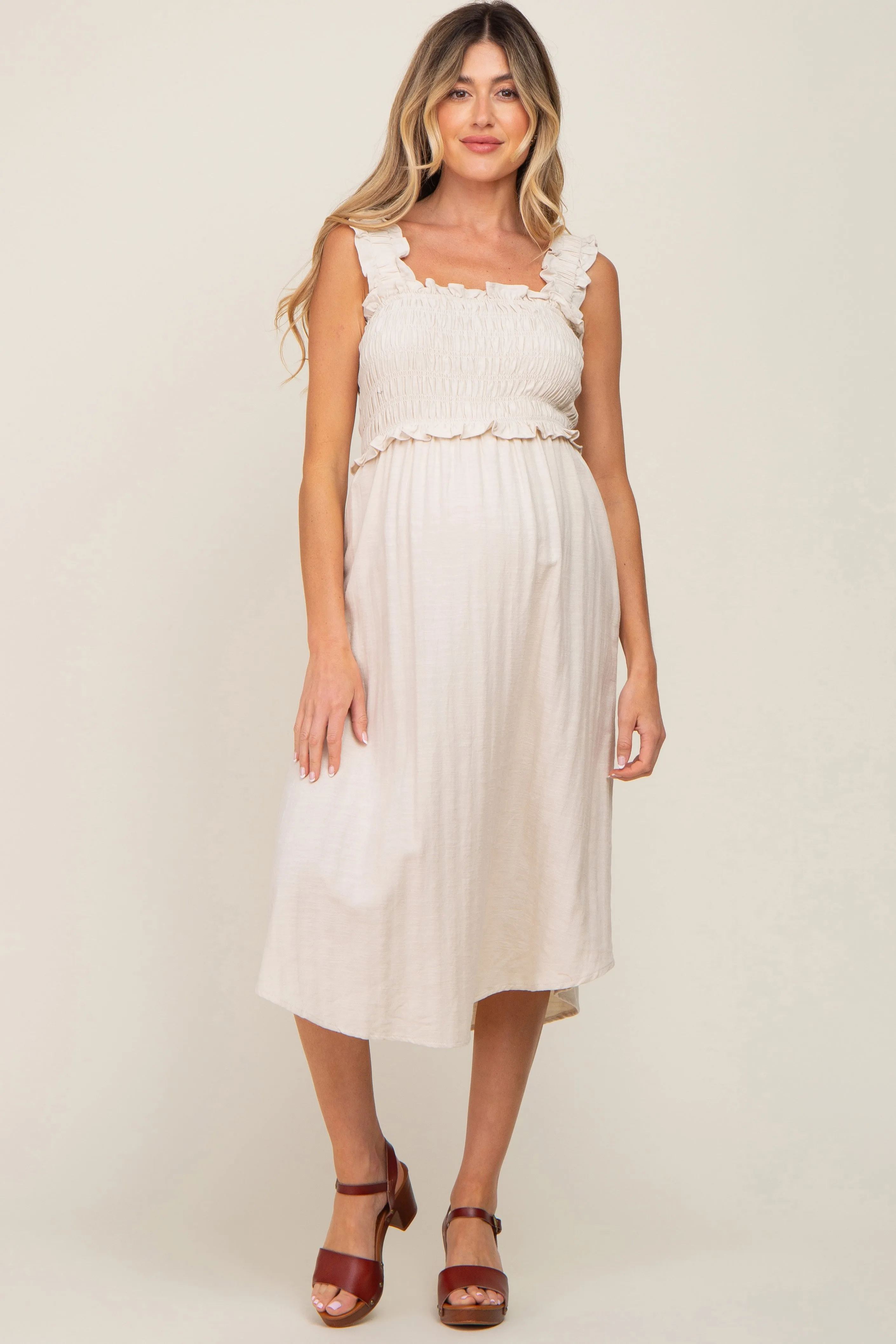 Beige Square Neck Smocked Sleeveless Maternity Midi Dress sold by Pinkblush