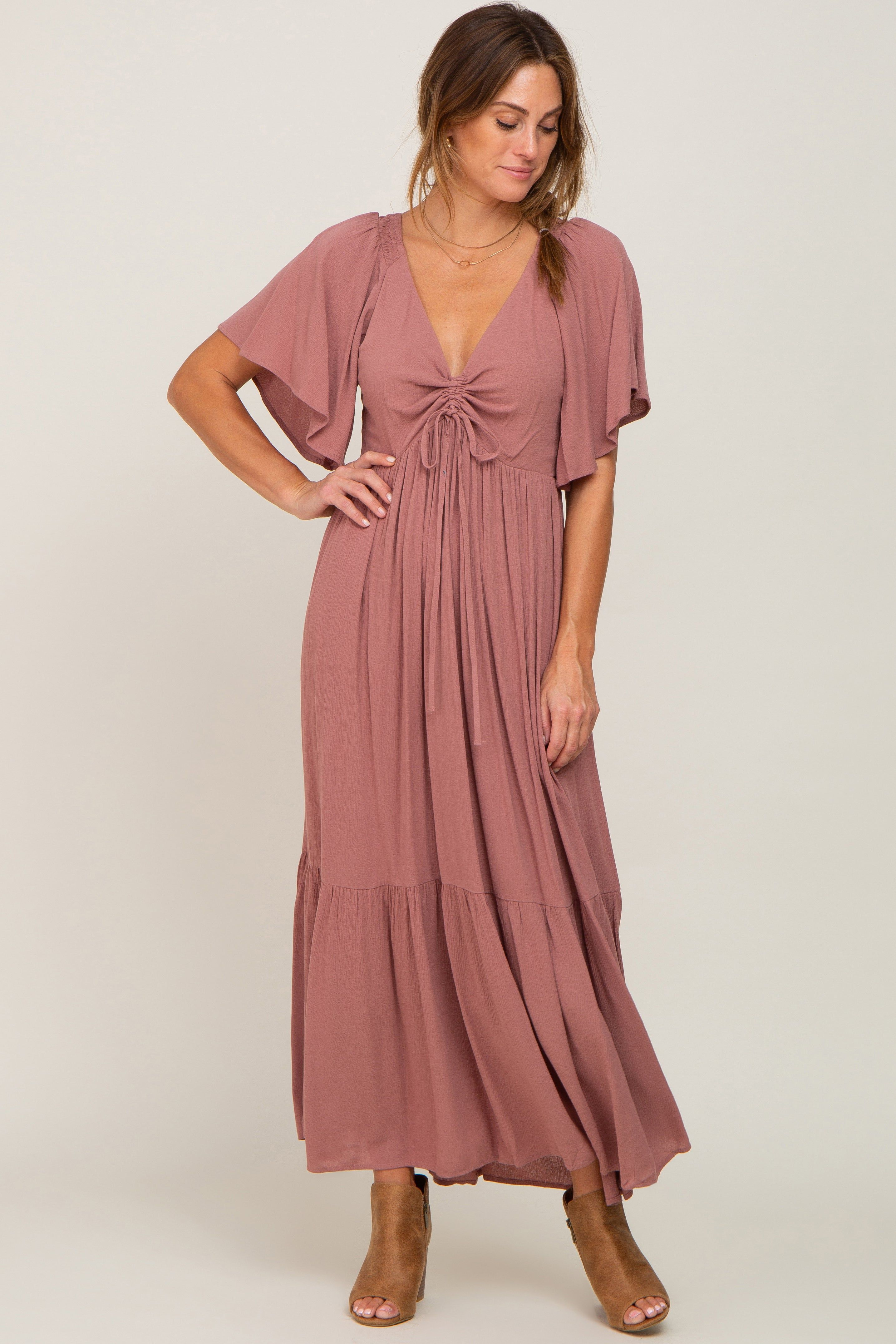 Mauve Flutter Sleeve Cinched Maternity Maxi Dress sold by Pinkblush product image thumbnail 5