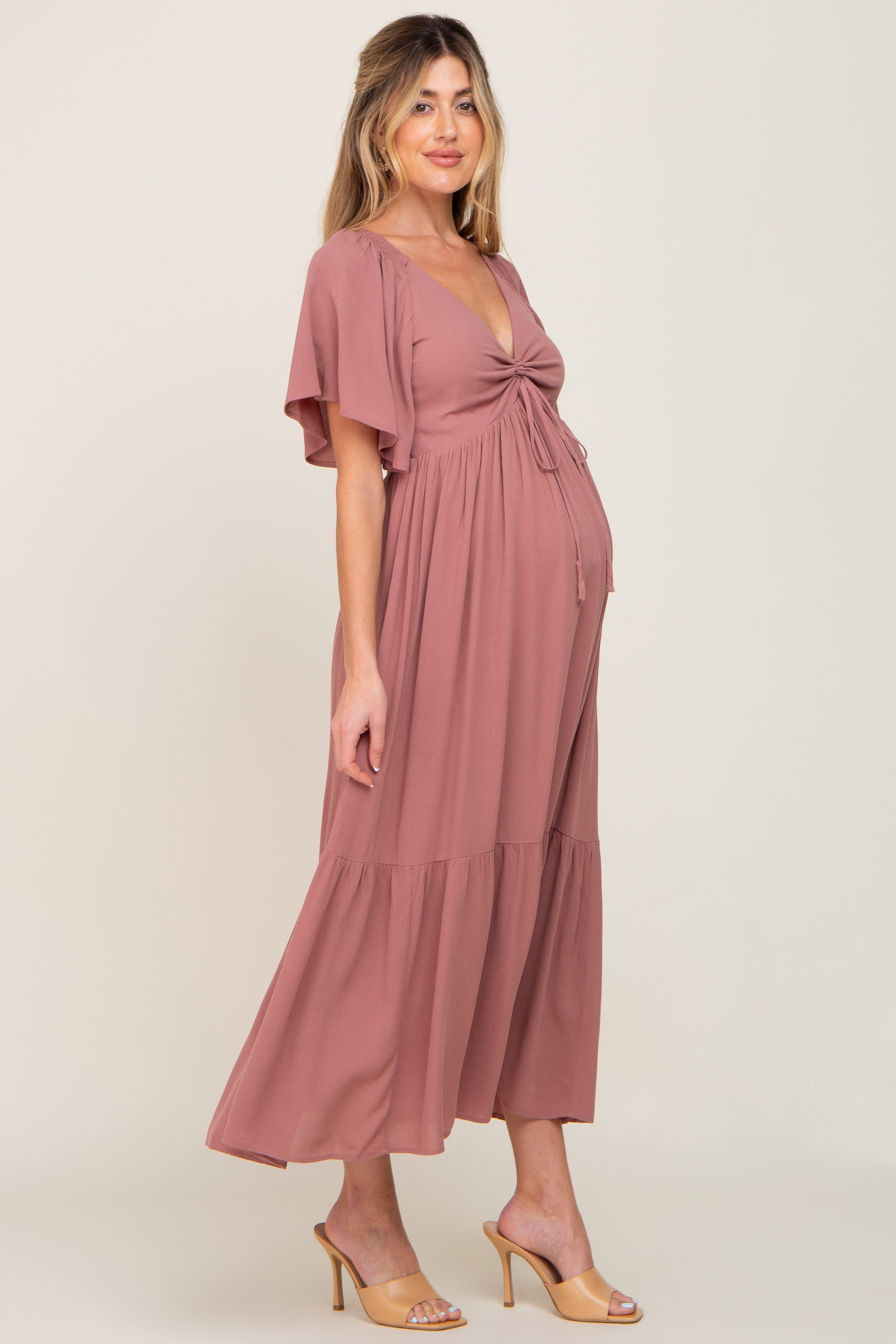 Mauve Flutter Sleeve Cinched Maternity Maxi Dress sold by Pinkblush product image thumbnail 2