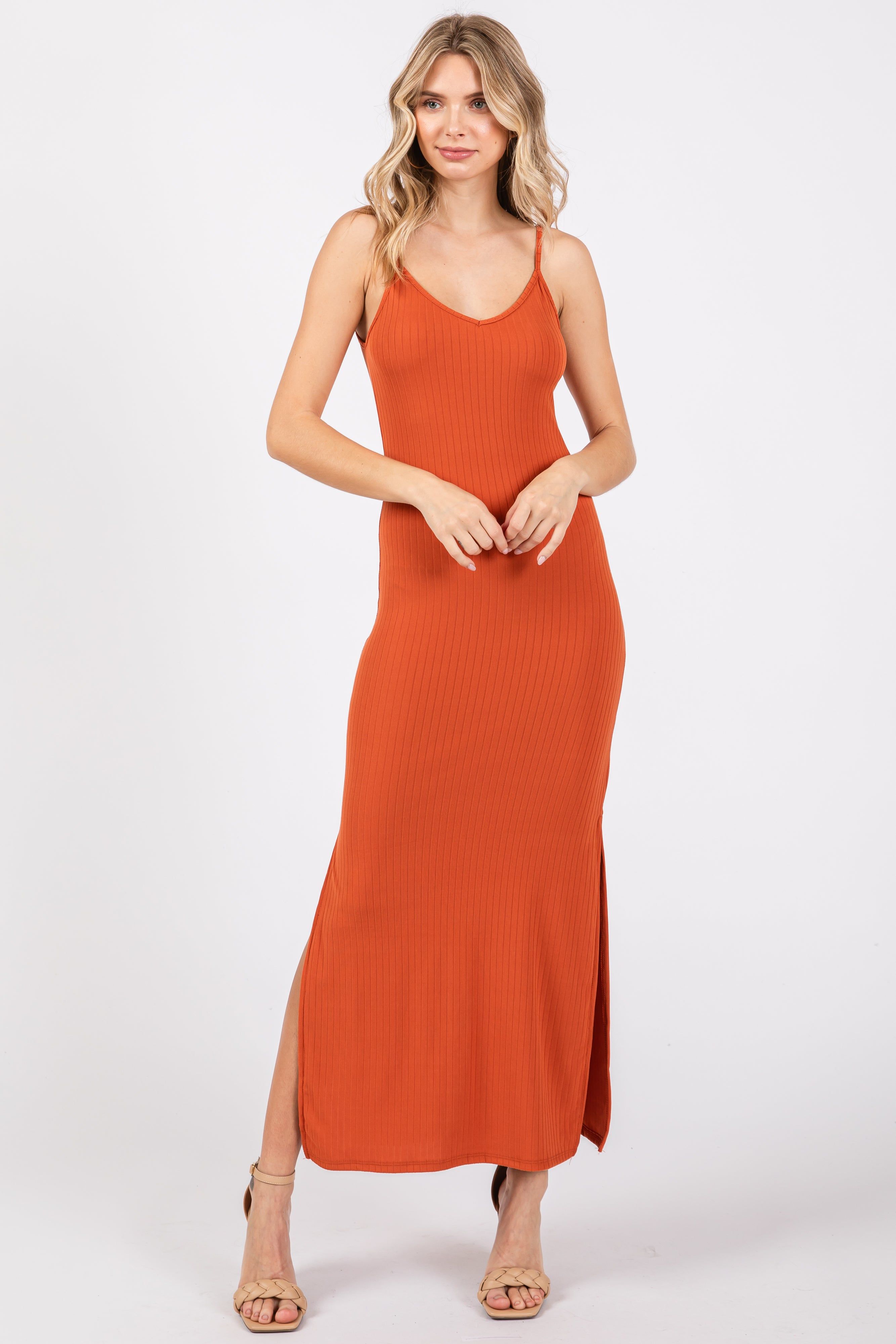 Orange Ribbed Side Slit Maxi Dress sold by Pinkblush
