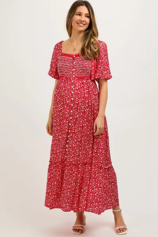 Red Floral Button Front Maternity Midi Dress sold by Pinkblush