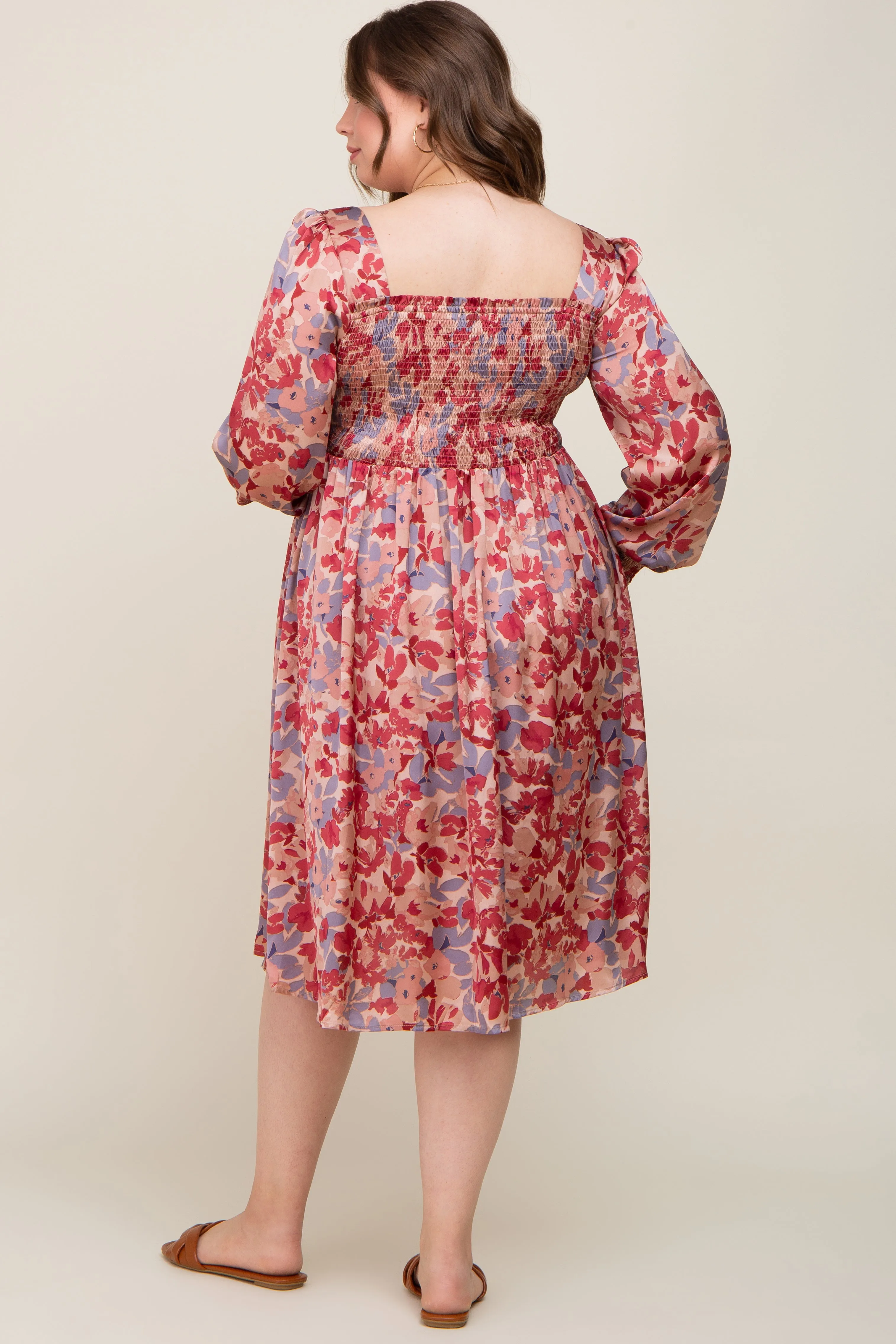 Burgundy Floral Smocked Maternity Plus Satin Dress sold by Pinkblush product image thumbnail 3