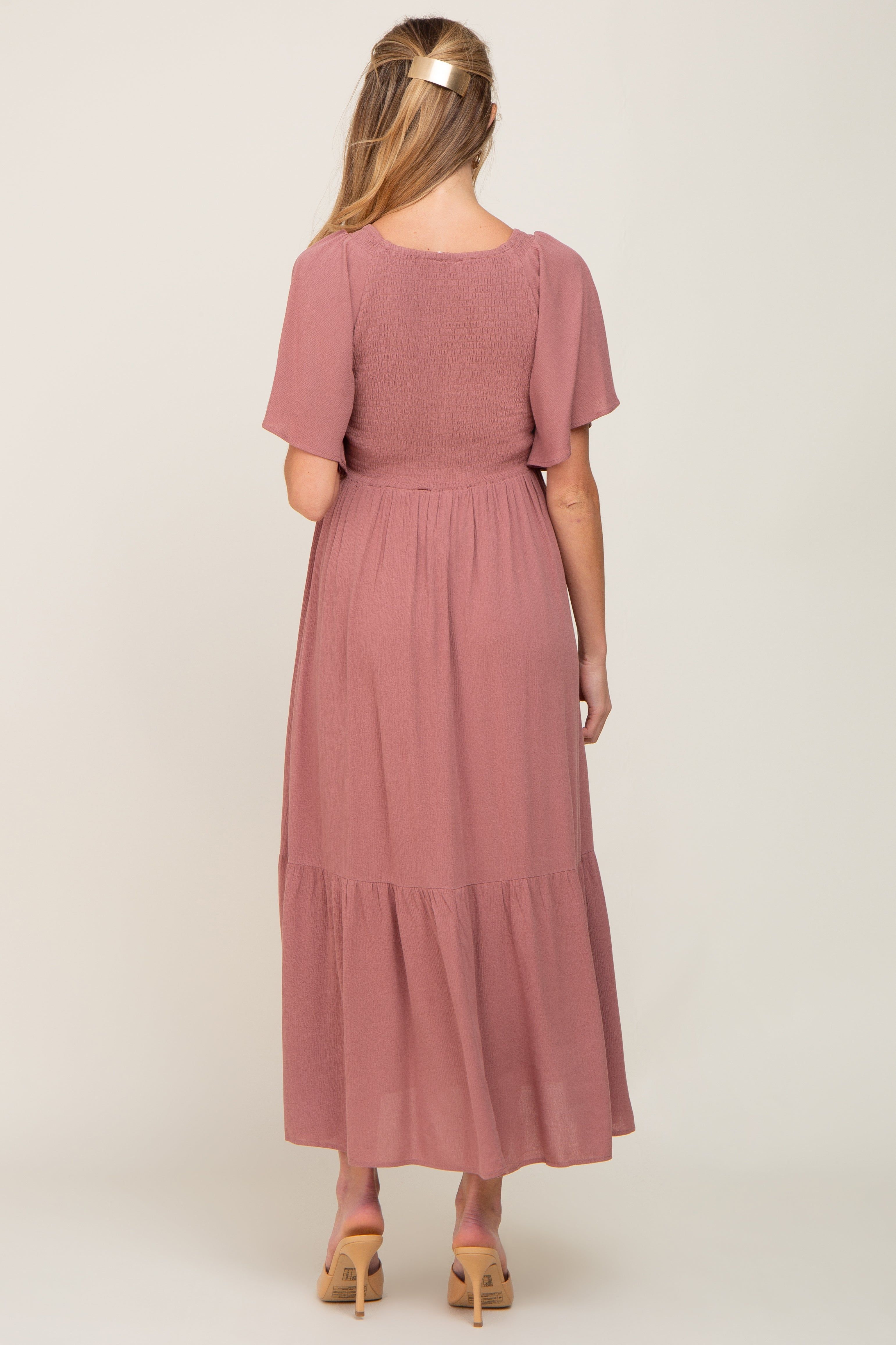 Mauve Flutter Sleeve Cinched Maternity Maxi Dress sold by Pinkblush product image thumbnail 3