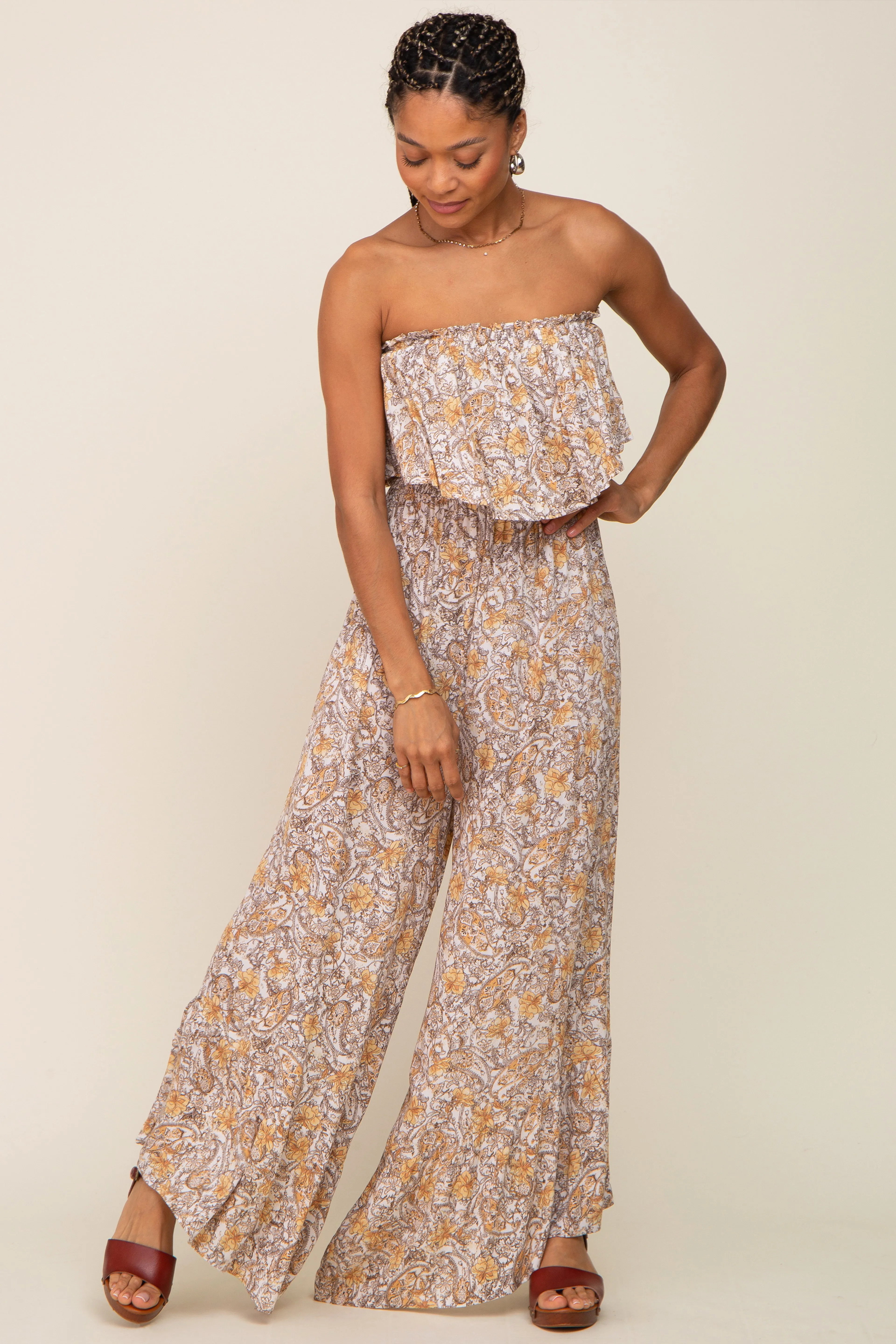 Taupe Paisley Ruffle Strapless Jumpsuit sold by Pinkblush
