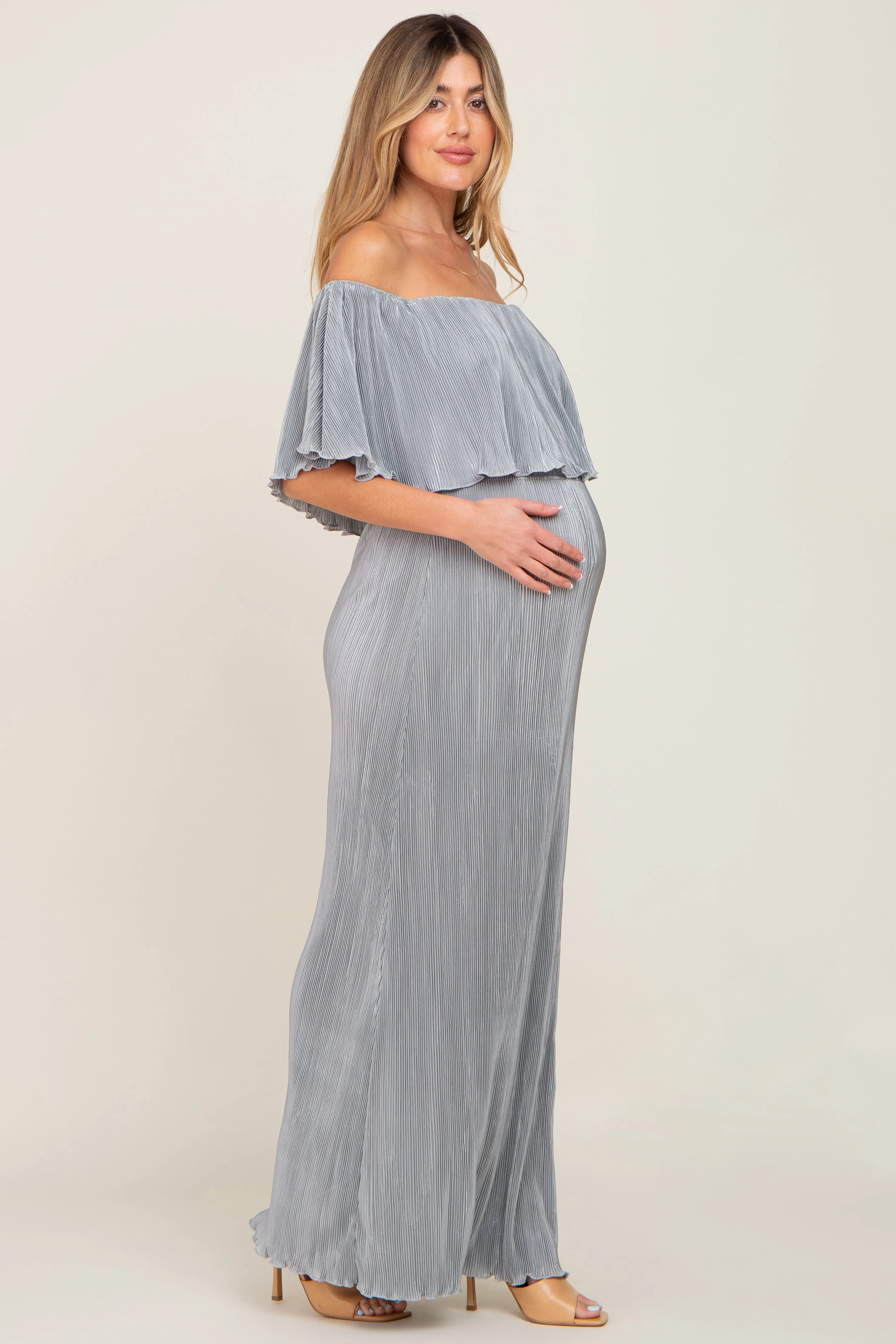 Sage Pleated Ruffle Off Shoulder Maternity Maxi Dress sold by Pinkblush product image thumbnail 2