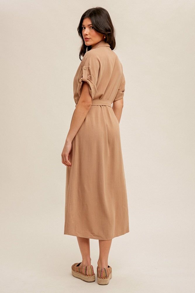Taupe V-Neck Self Tie Belt Short Sleeve Shirt Dress sold by Pinkblush product image thumbnail 3