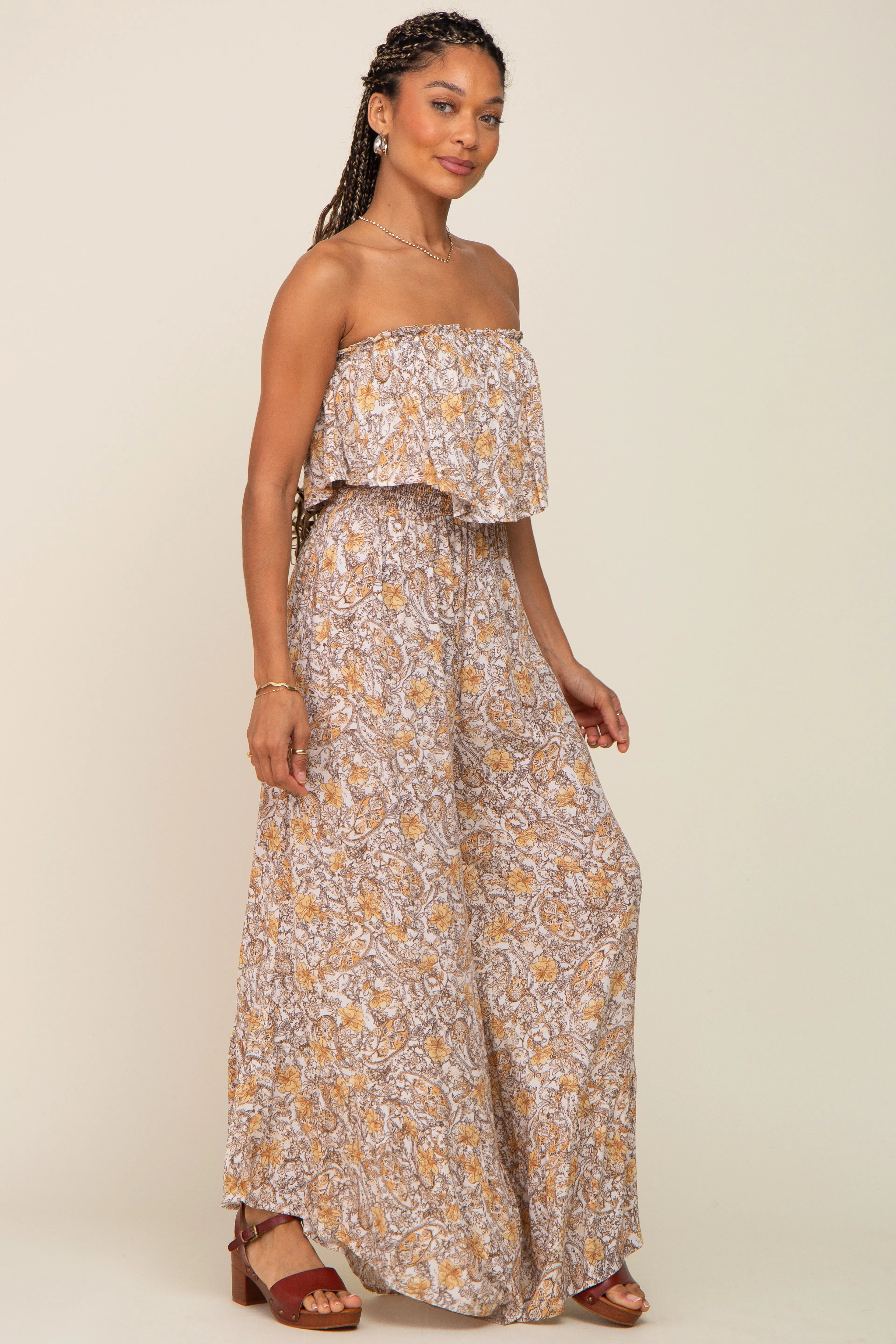 Taupe Paisley Ruffle Strapless Jumpsuit sold by Pinkblush product image thumbnail 2