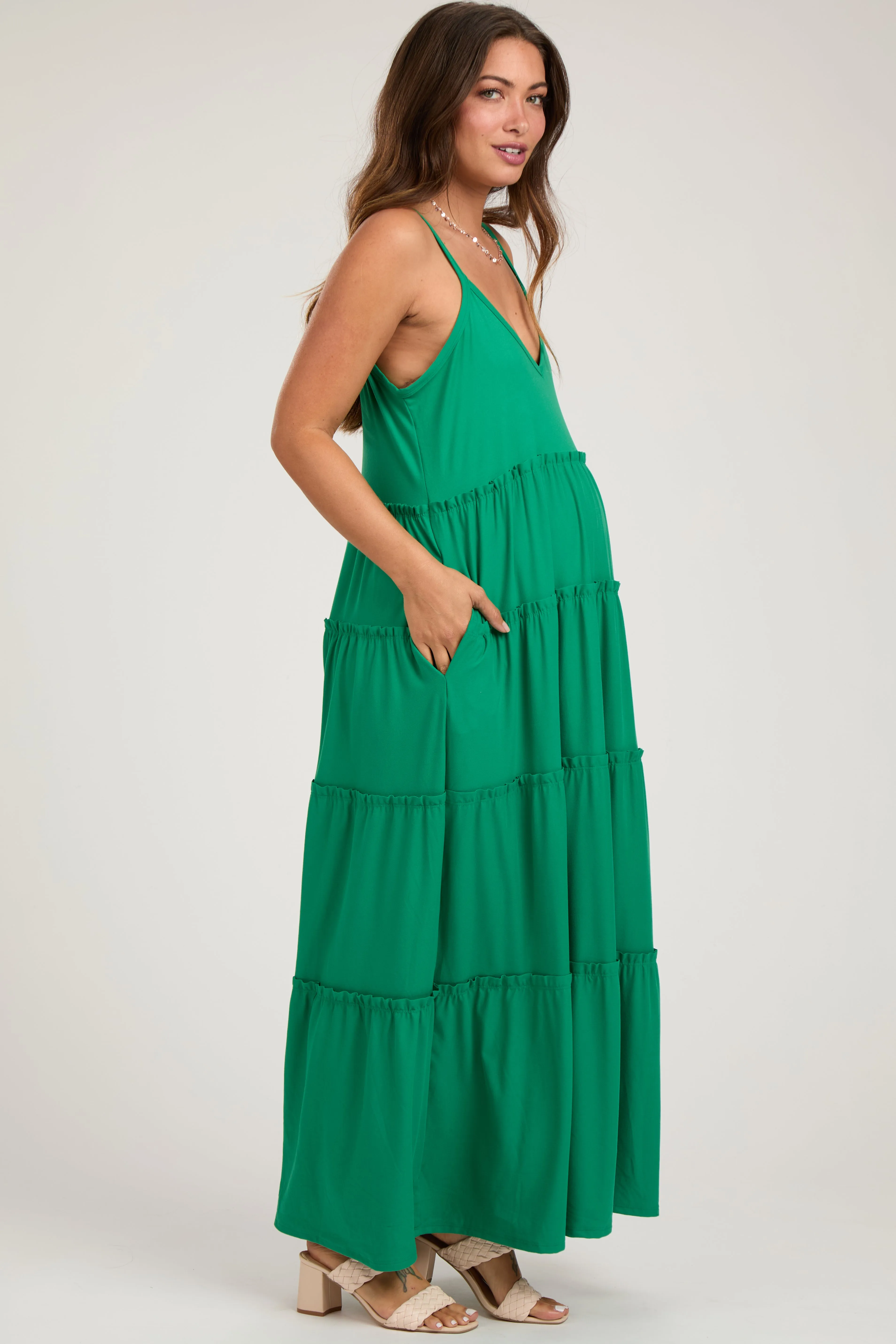 Emerald Green Tiered Sleeveless Maternity Maxi Dress sold by Pinkblush product image thumbnail 3