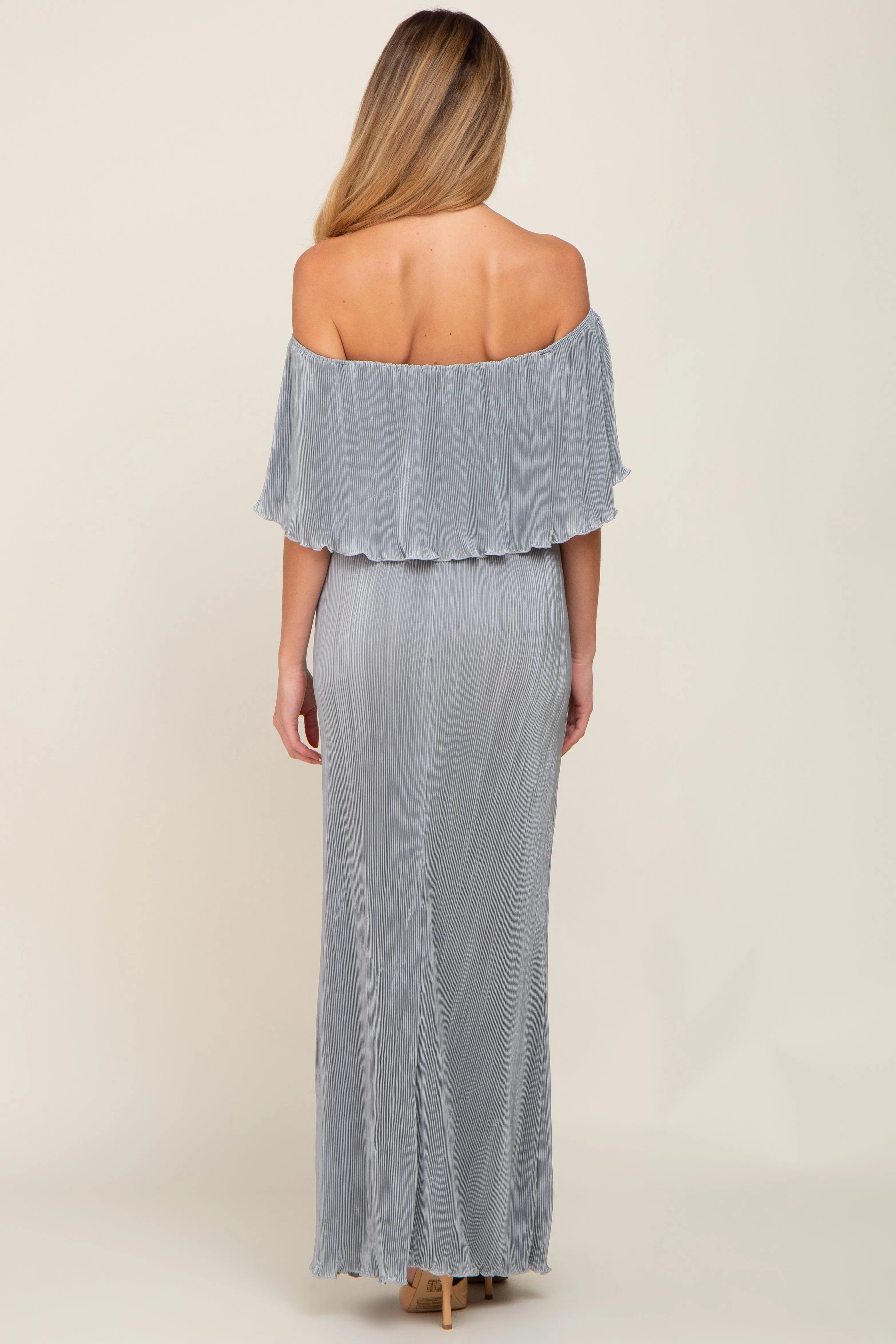 Sage Pleated Ruffle Off Shoulder Maternity Maxi Dress sold by Pinkblush product image thumbnail 3