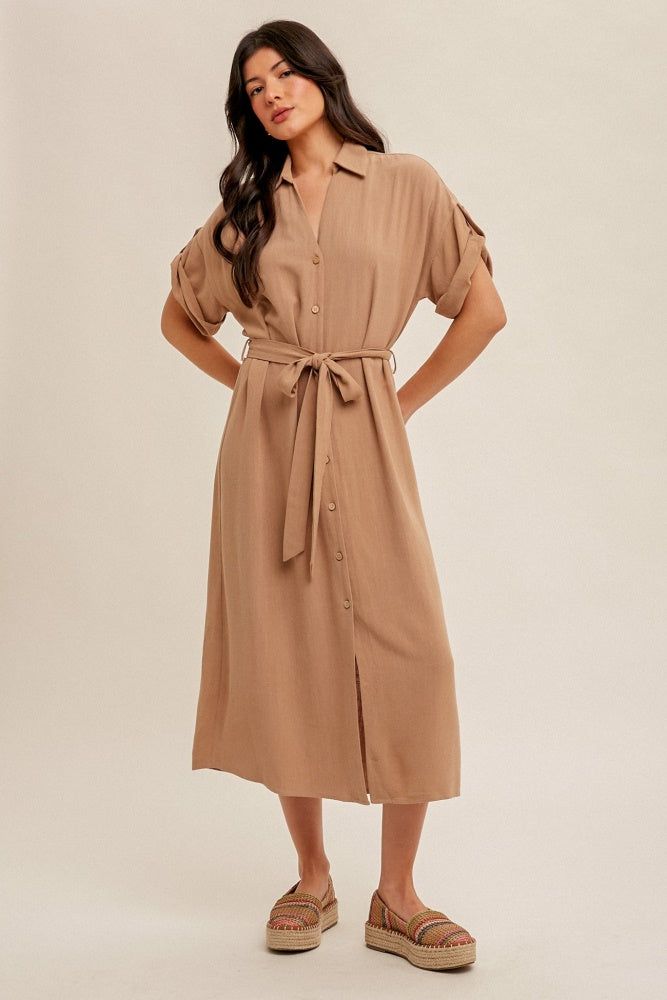 Taupe V-Neck Self Tie Belt Short Sleeve Shirt Dress sold by Pinkblush product image thumbnail 4