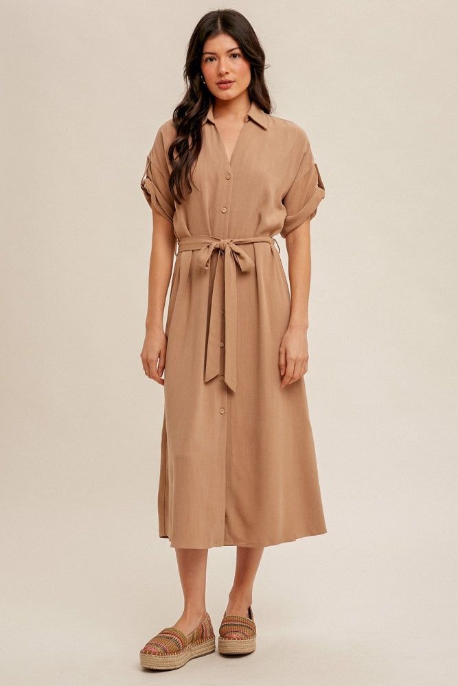 Taupe V-Neck Self Tie Belt Short Sleeve Shirt Dress sold by Pinkblush
