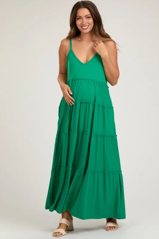 Emerald Green Tiered Sleeveless Maternity Maxi Dress sold by Pinkblush